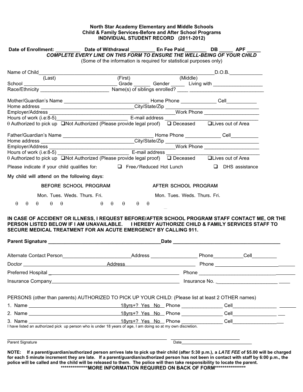 INDIVIDUAL STUDENT RECORD (2003-2004) Child & Family Services- Before/After School Program