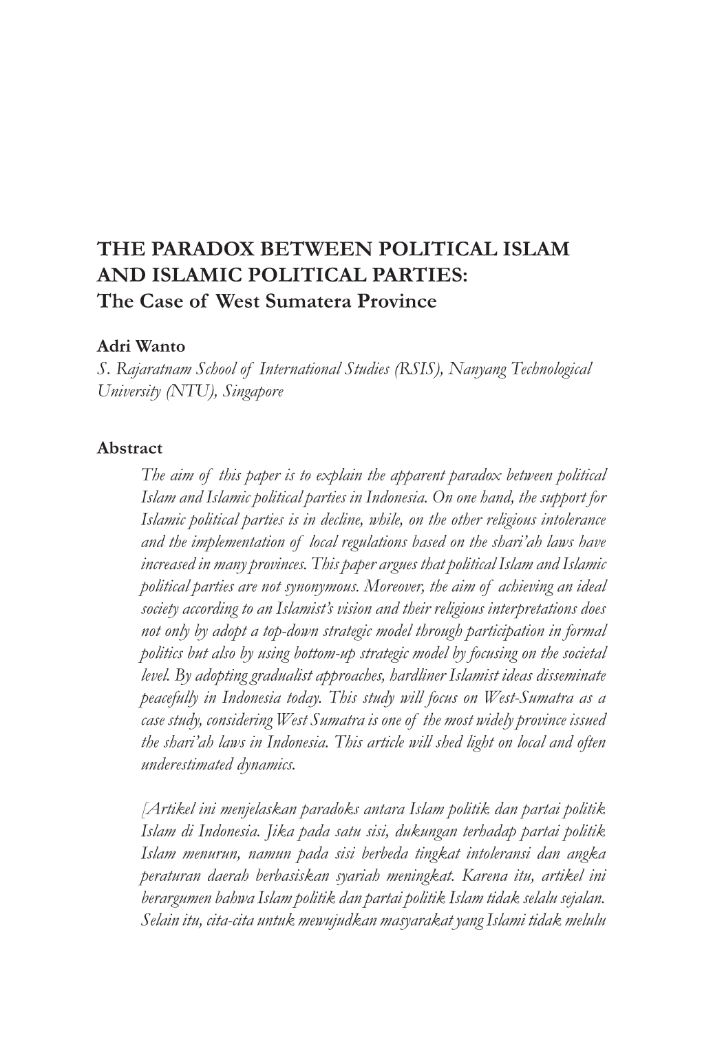 THE PARADOX BETWEEN POLITICAL ISLAM and ISLAMIC POLITICAL PARTIES: the Case of West Sumatera Province