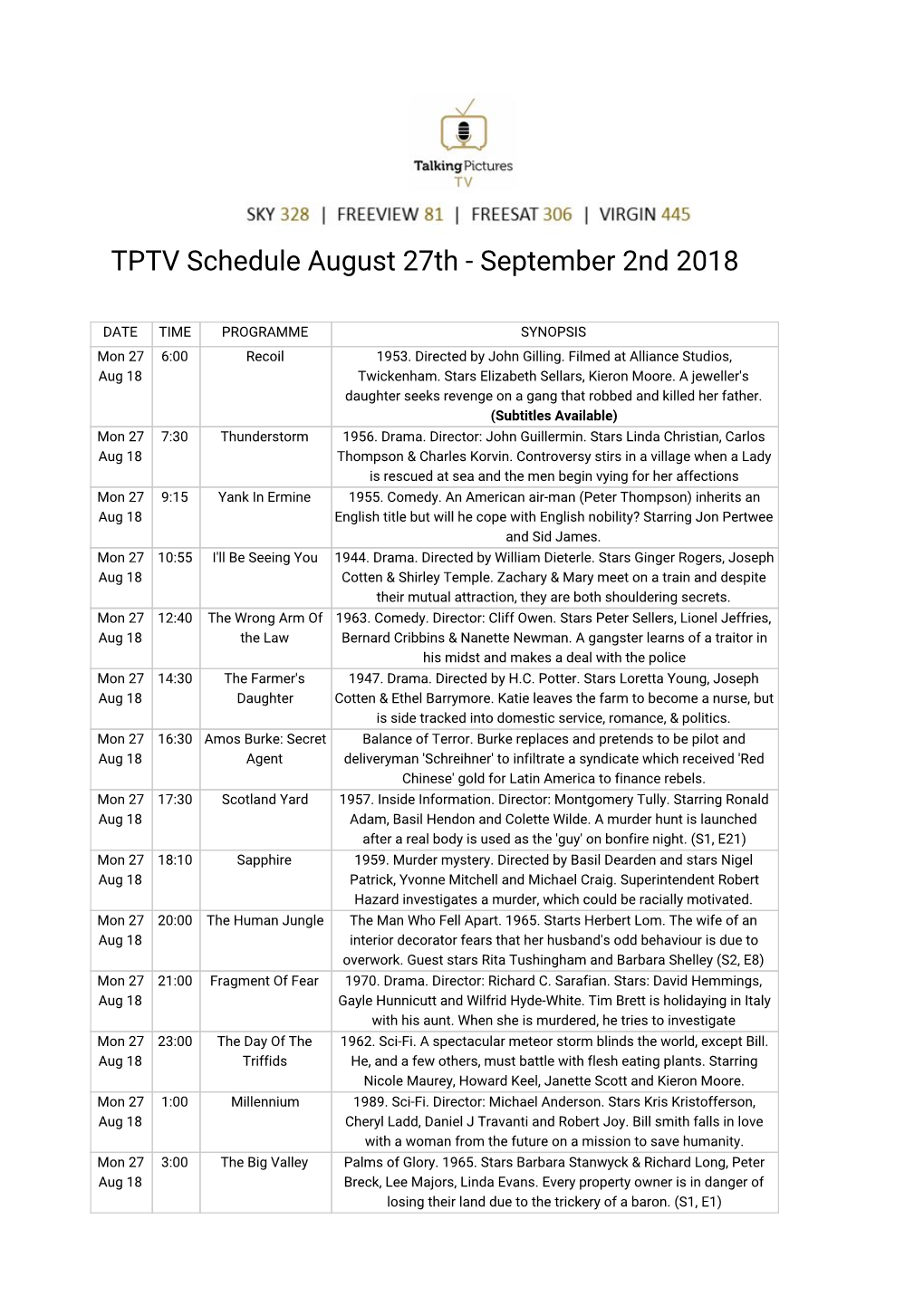 TPTV Schedule August 27Th - September 2Nd 2018