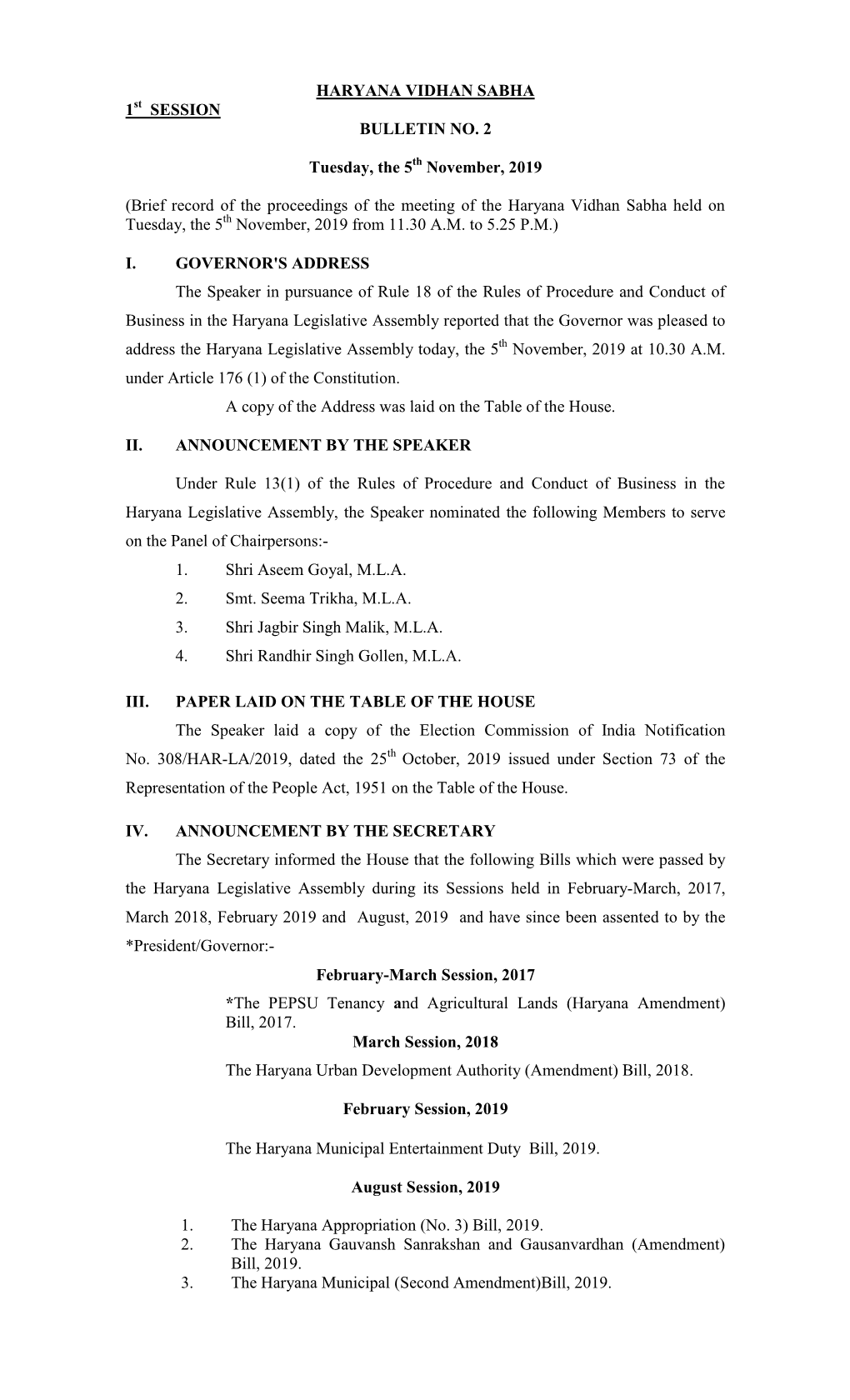 Haryana Vidhan Sabha 1 Session Bulletin