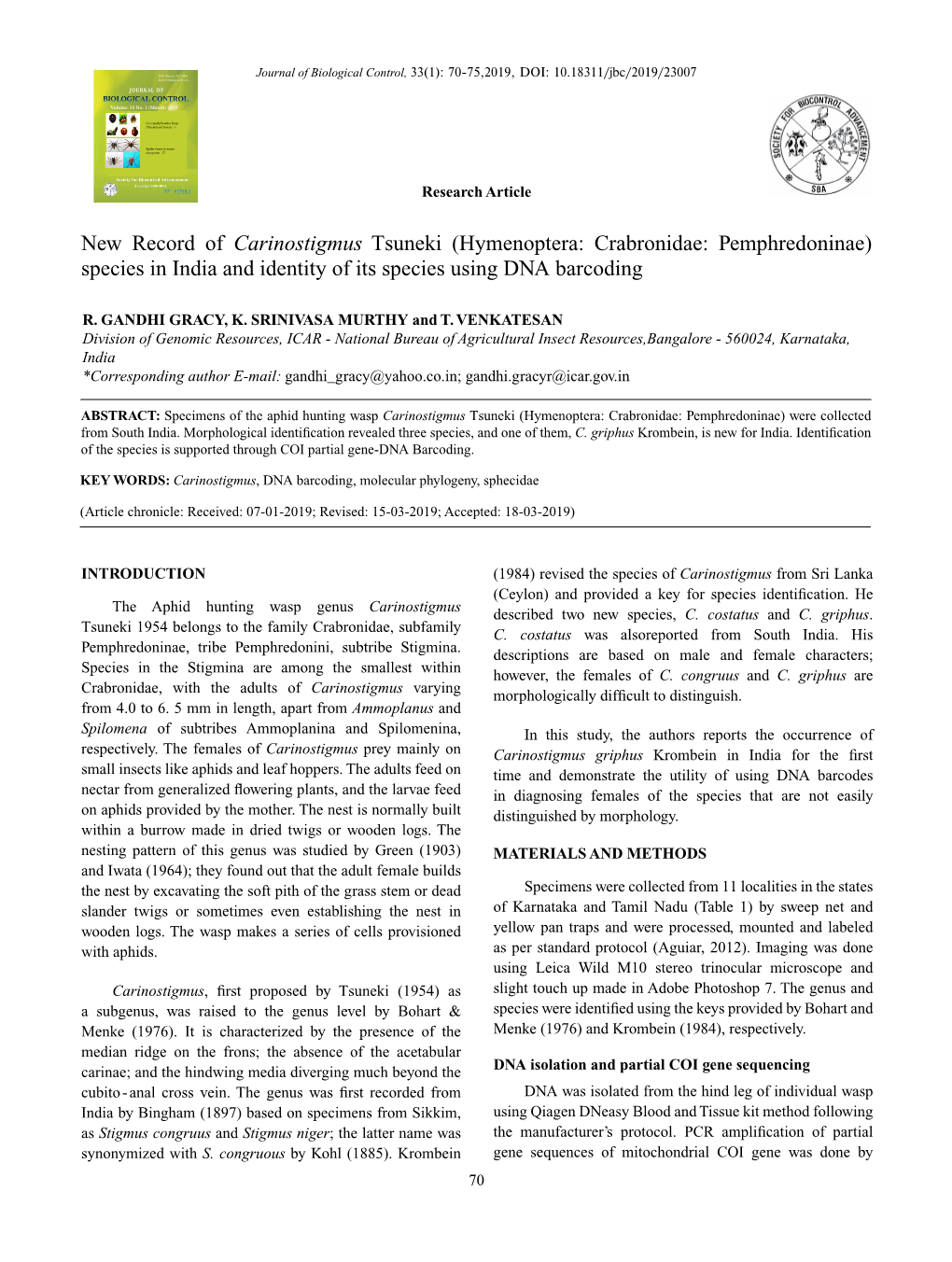 New Record of Carinostigmus Tsuneki (Hymenoptera: Crabronidae: Pemphredoninae) Species in India and Identity of Its Species Using DNA Barcoding