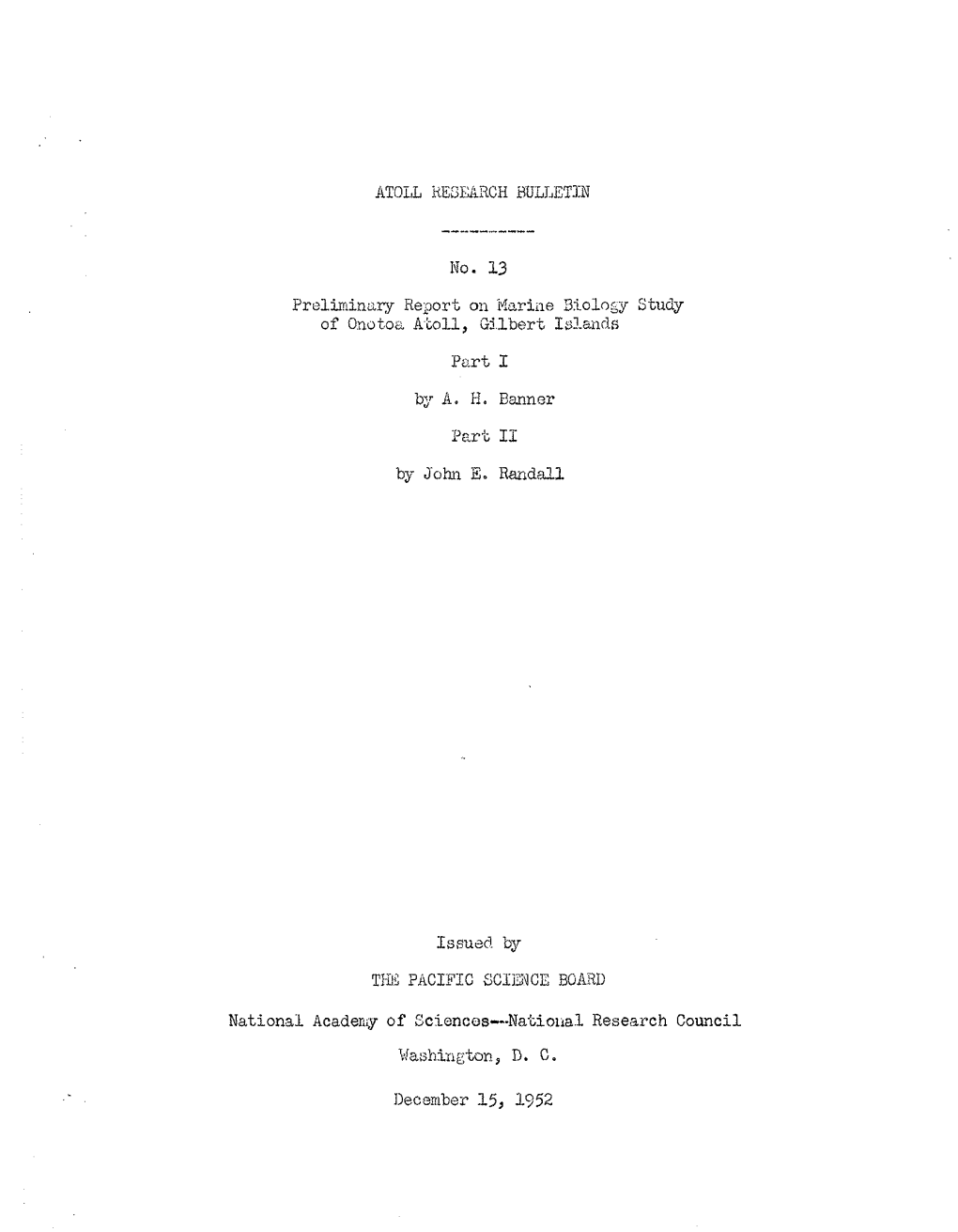 Proliminaqy Re2oi-T on Itariiie Dtolog Study of Onot,Or: Atoll, Gilbert Iu!.Alds