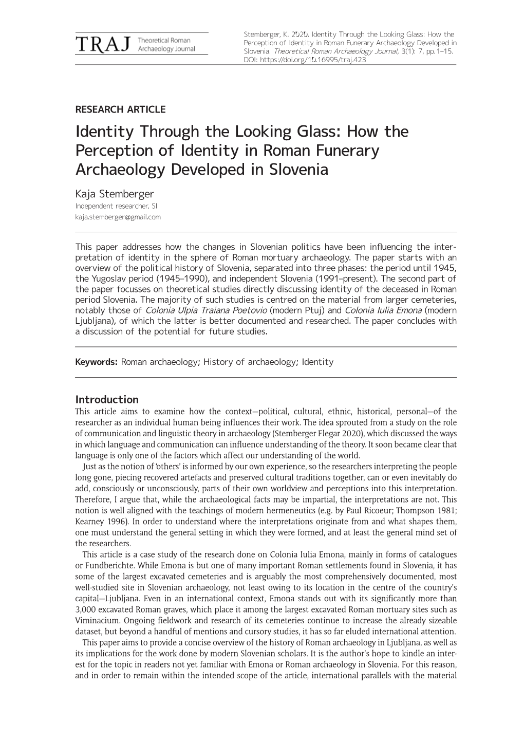 How the Perception of Identity in Roman Funerary Archaeology Developed in Slovenia