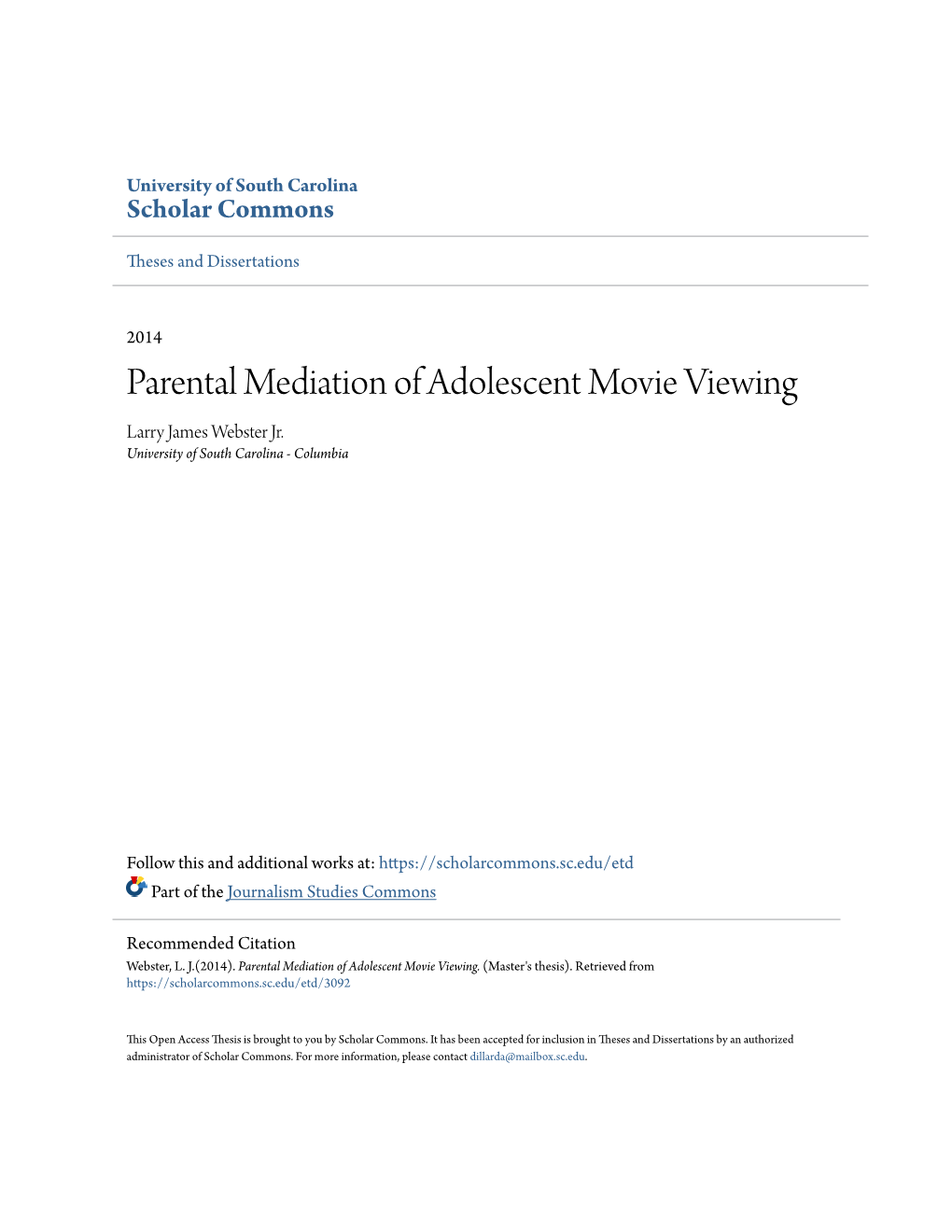 Parental Mediation of Adolescent Movie Viewing Larry James Webster Jr