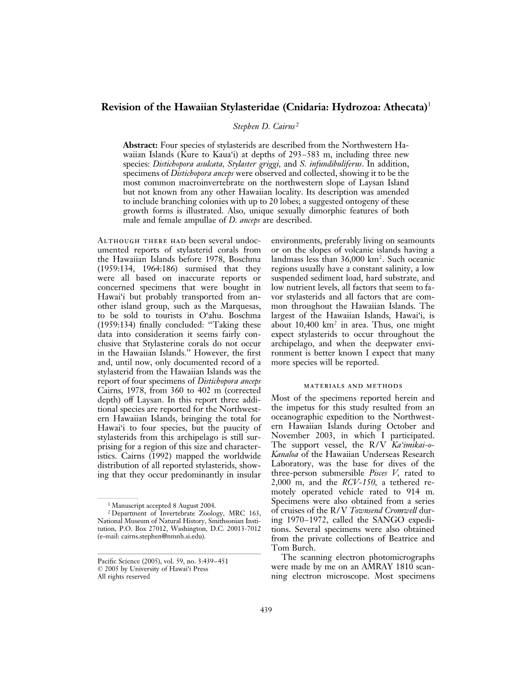 Revision of the Hawaiian Stylasteridae (Cnidaria: Hydrozoa: Athecata)1