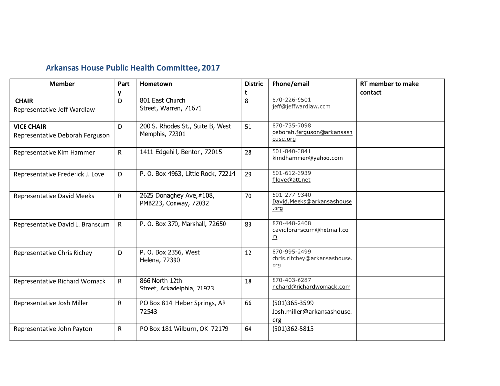 Arkansas House Public Health Committee, 2017