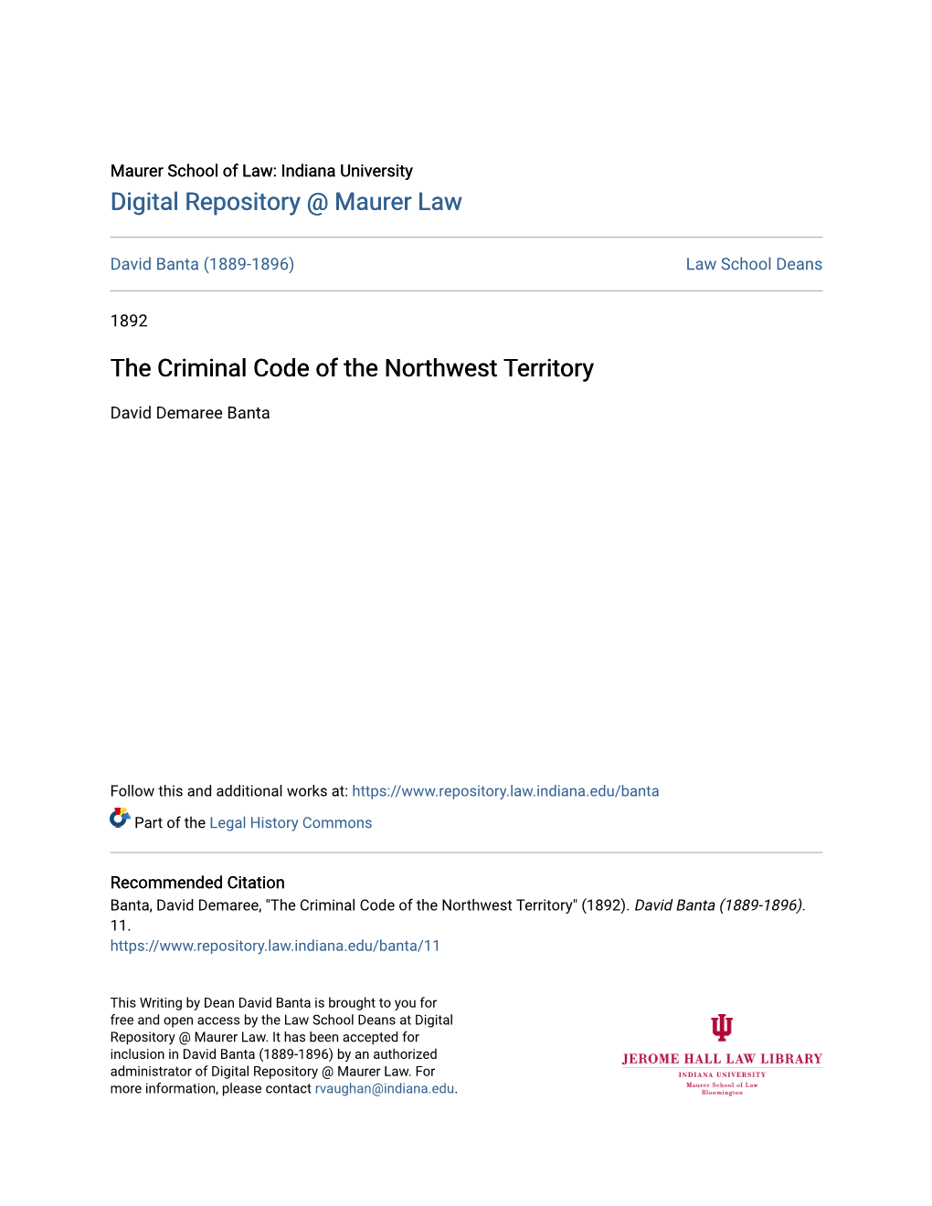 The Criminal Code of the Northwest Territory