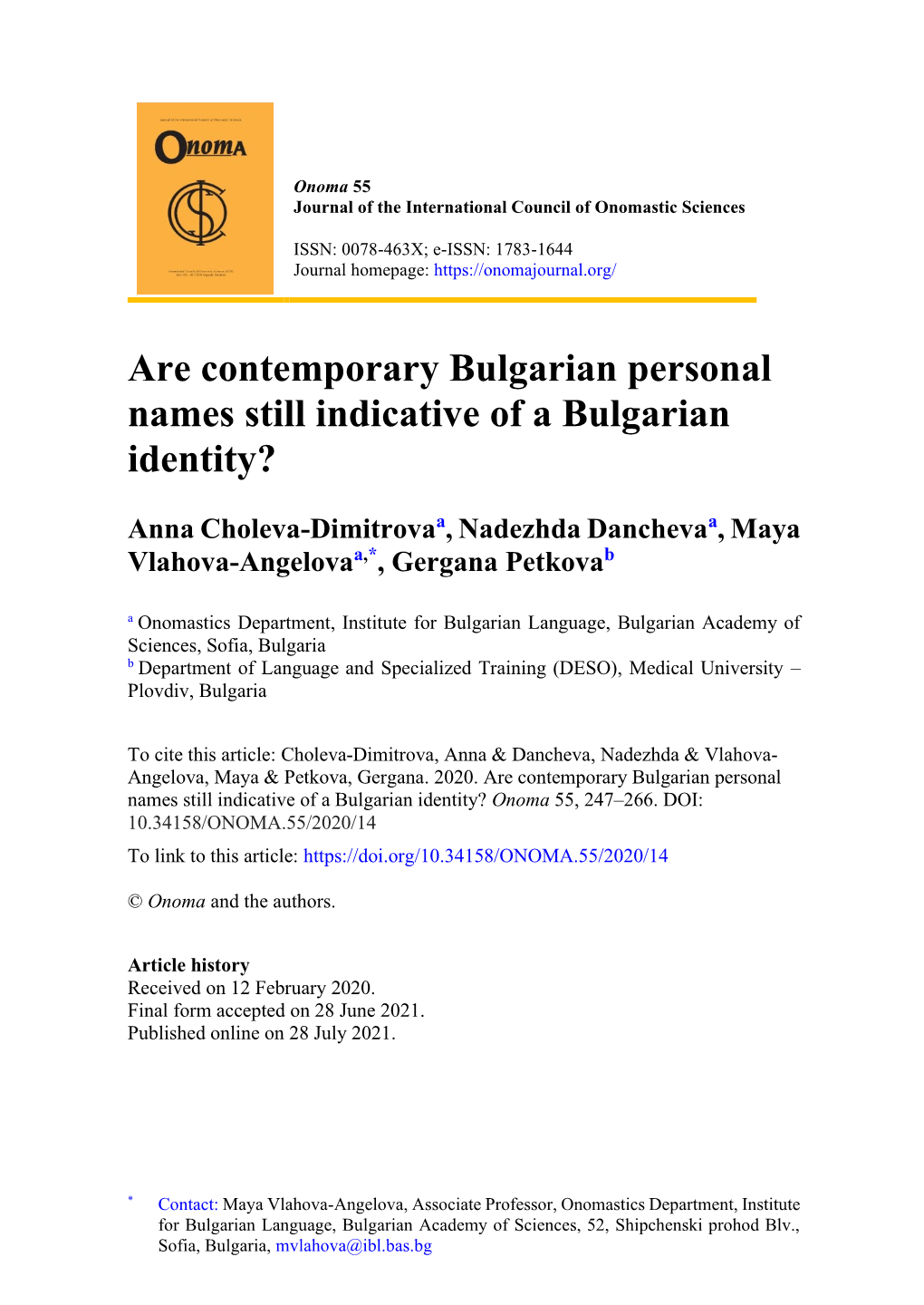 Are Contemporary Bulgarian Personal Names Still Indicative of a Bulgarian Identity?