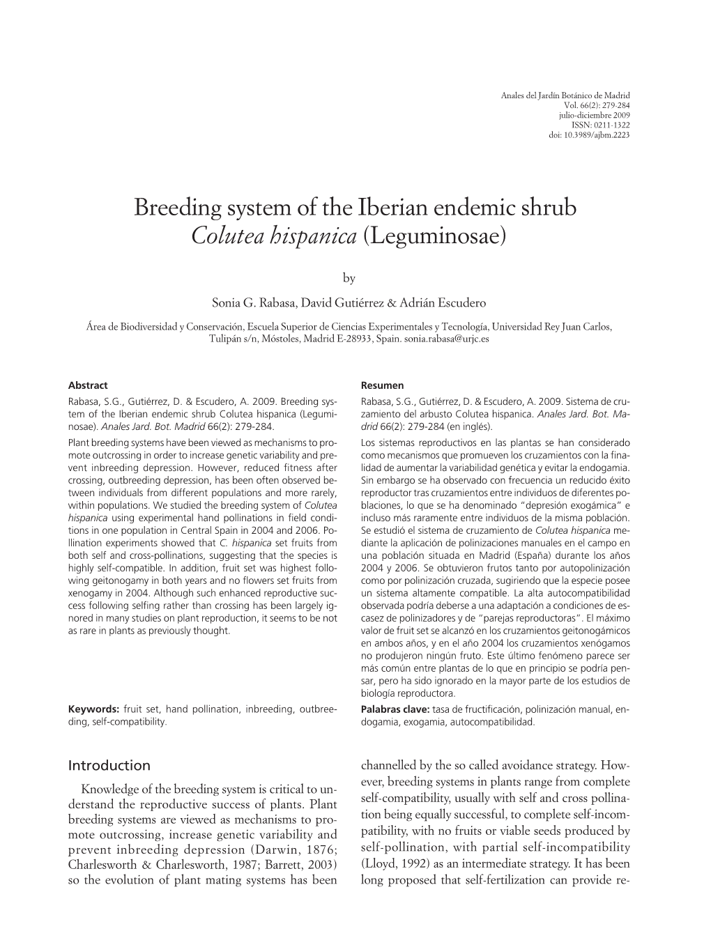 Breeding System of the Iberian Endemic Shrub Colutea Hispanica (Leguminosae)