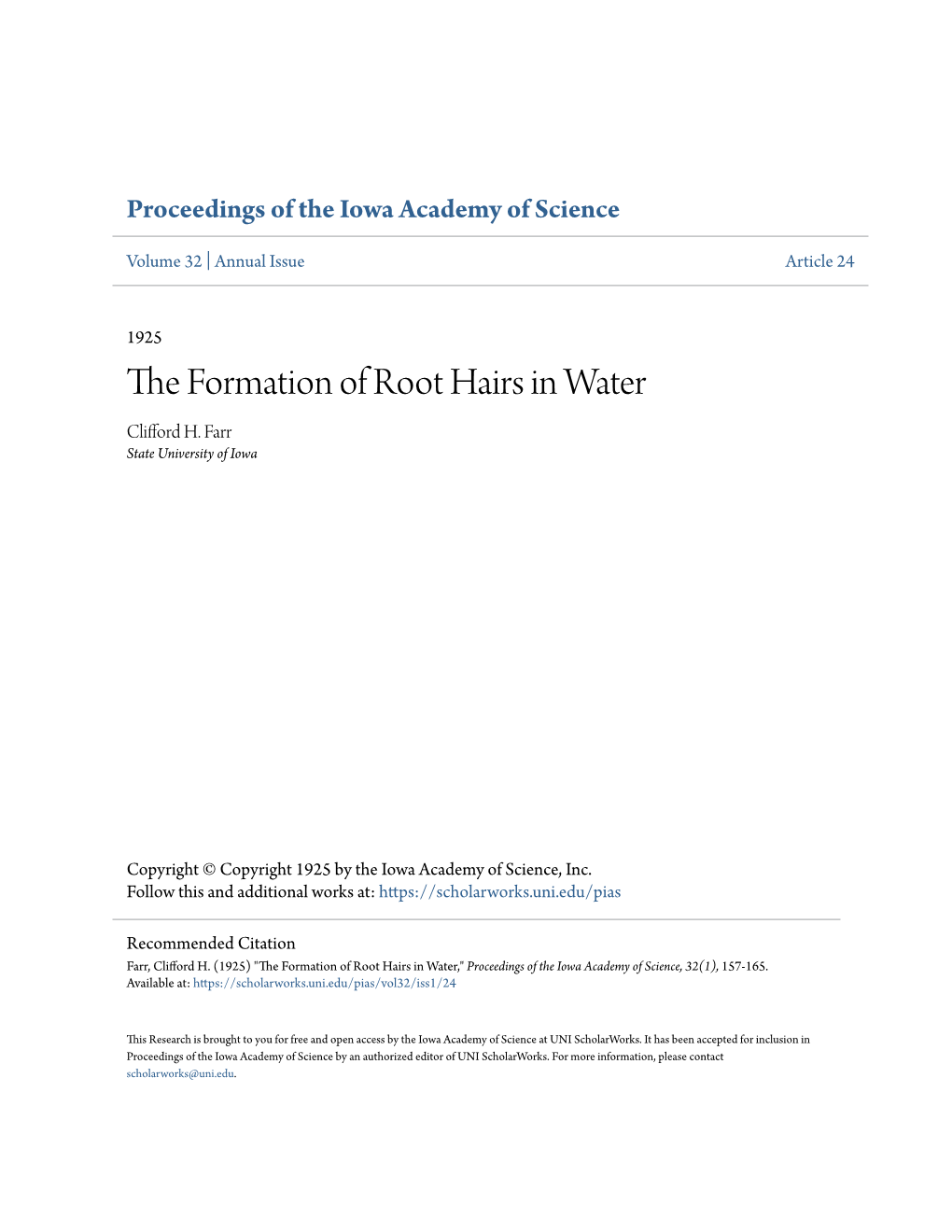 The Formation of Root Hairs in Water