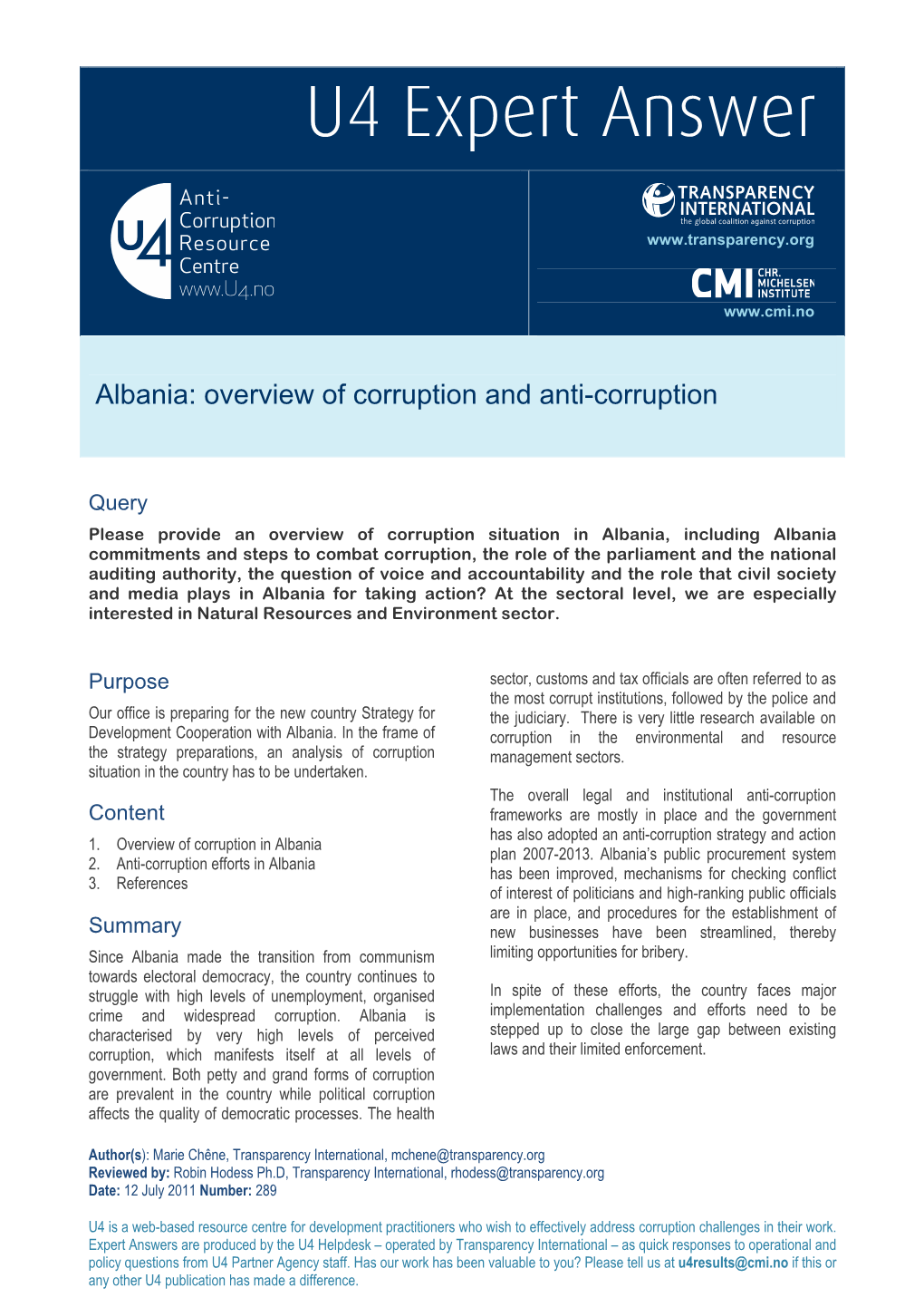 Albania: Overview of Corruption and Anti-Corruption