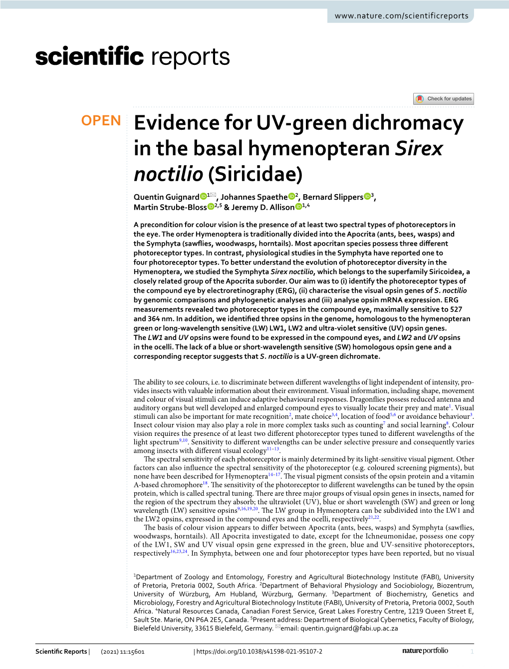 Evidence for UV-Green Dichromacy in the Basal Hymenopteran Sirex Noctilio