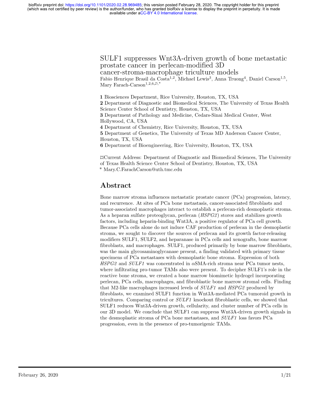 SULF1 Suppresses Wnt3a-Driven Growth of Bone Metastatic