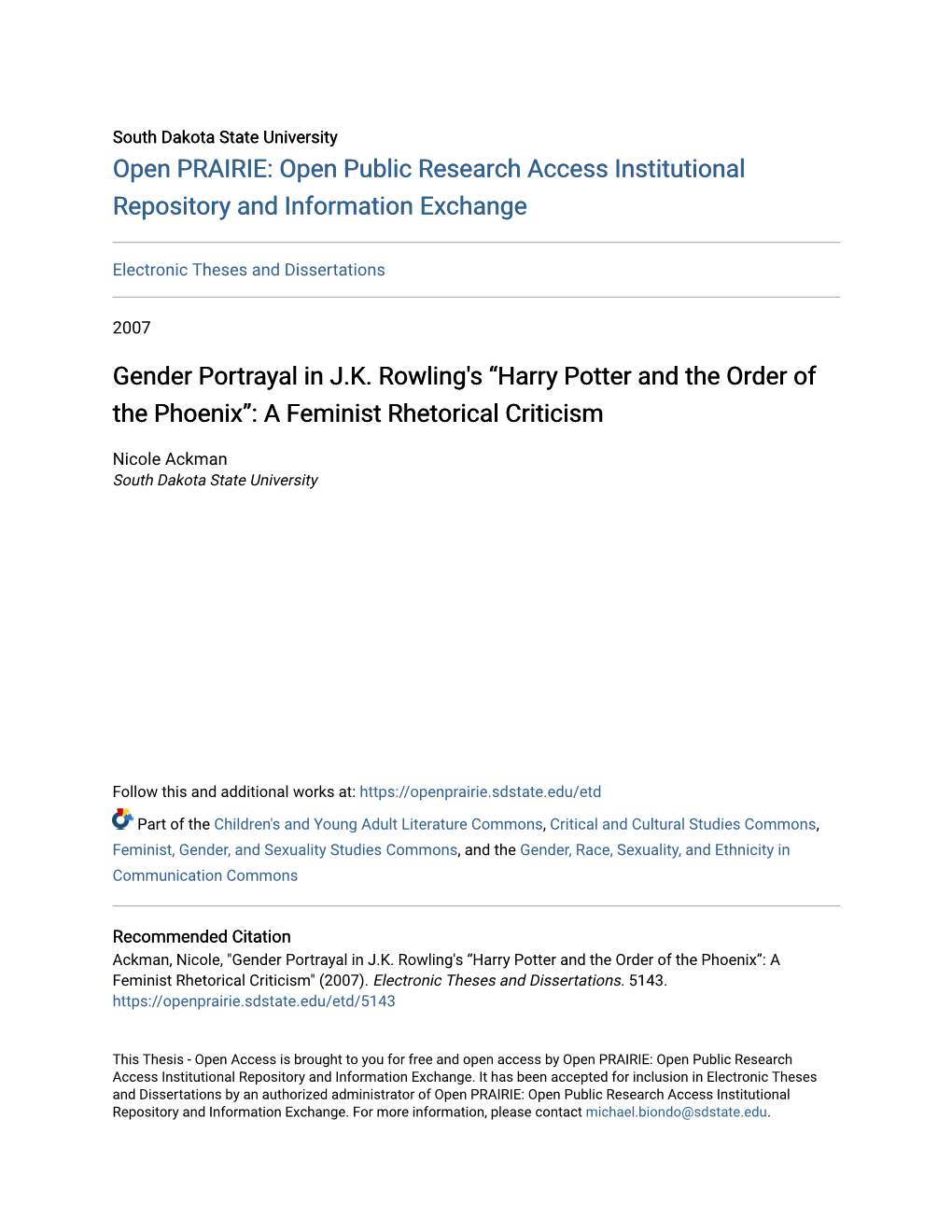 Gender Portrayal in J.K. Rowling's Â•Œharry Potter and the Order of The