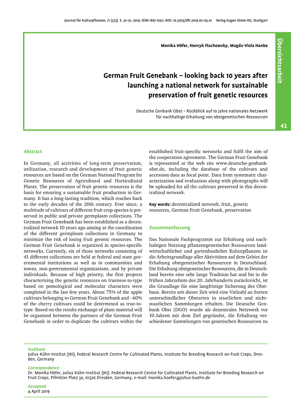 Jfk.2019.02-03.01 Verlag Eugen Ulmer KG, Ulmer Eugen Verlag 10.5073/Jfk.2019.02-03.01 DOI: 1867-0911, ISSN 2019, 41–51, S