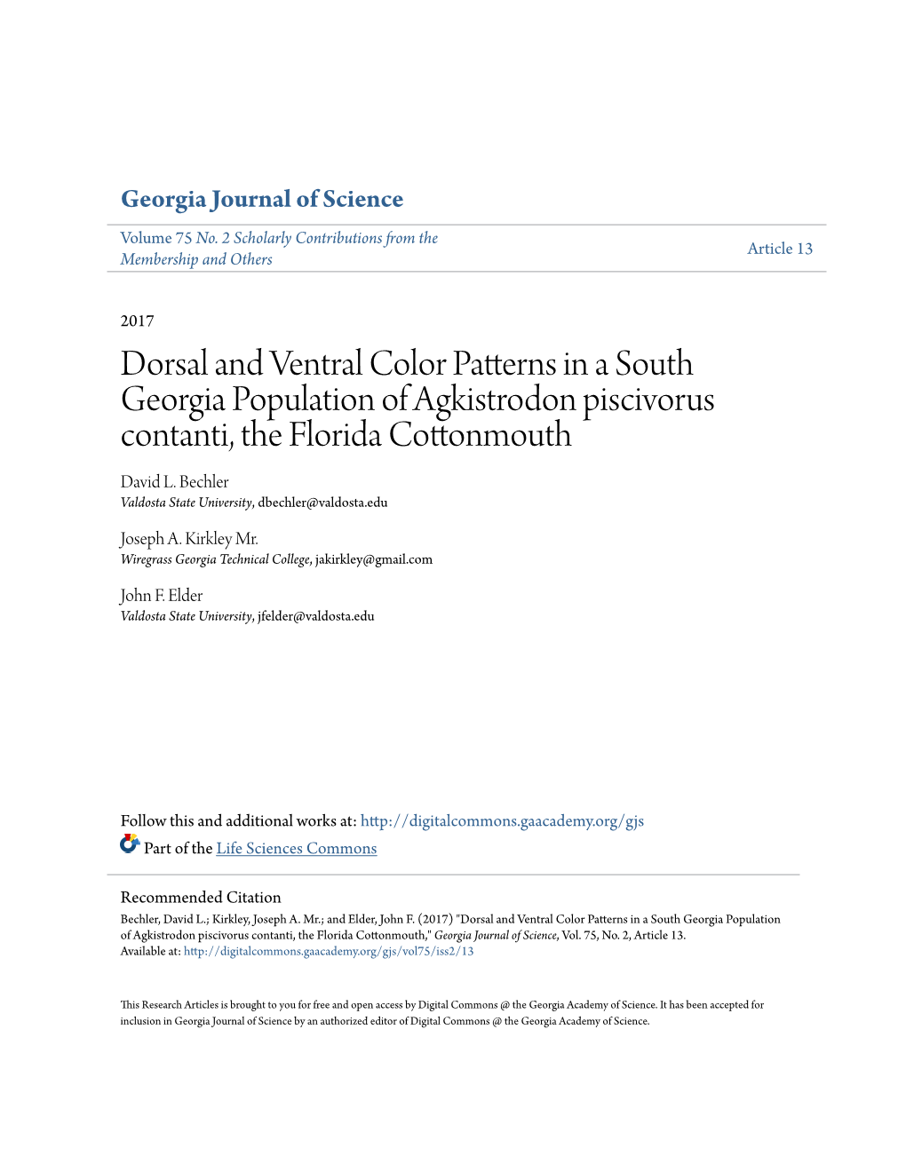 Dorsal and Ventral Color Patterns in a South Georgia Population of Agkistrodon Piscivorus Contanti, the Florida Cottonmouth David L