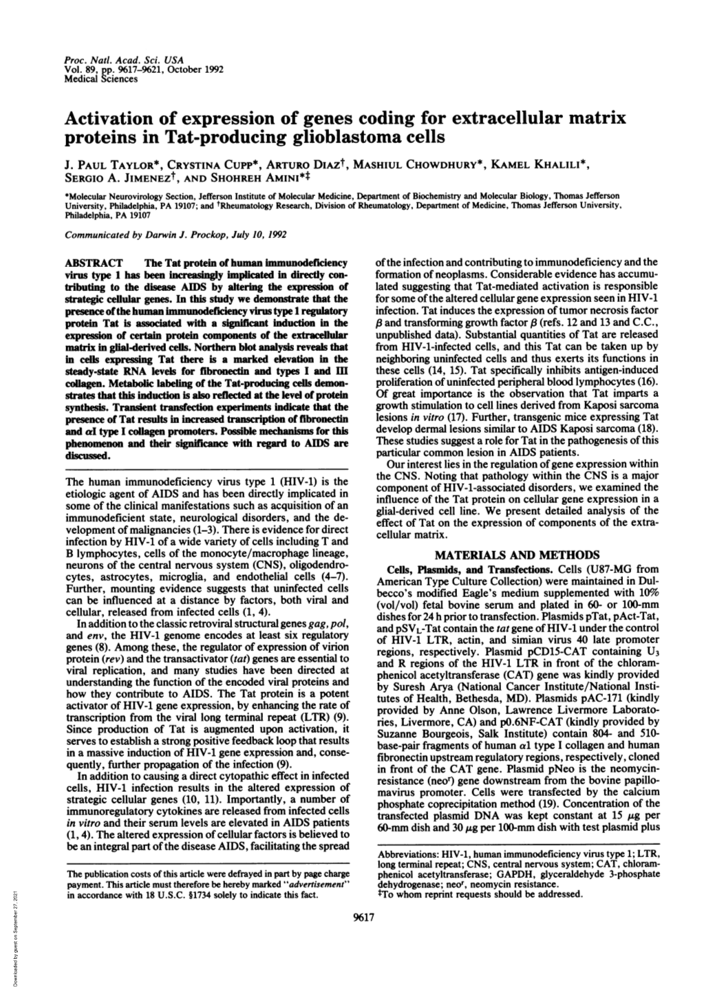 Activation of Expression of Genes Coding for Extracellular Matrix Proteins in Tat-Producing Glioblastoma Cells J