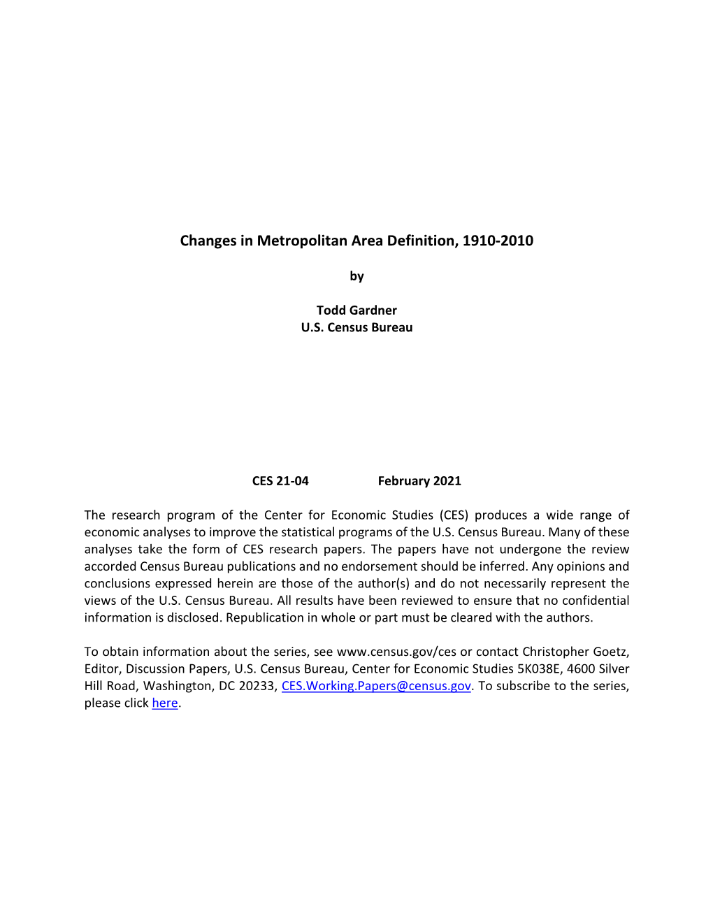 Download Changes in Metropolitan Area Definition, 1910-2010