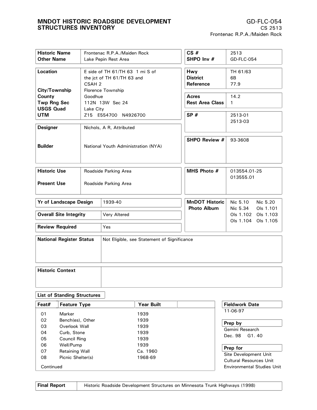 GD-FLC-054 STRUCTURES INVENTORY CS 2513 Frontenac R.P.A./Maiden Rock