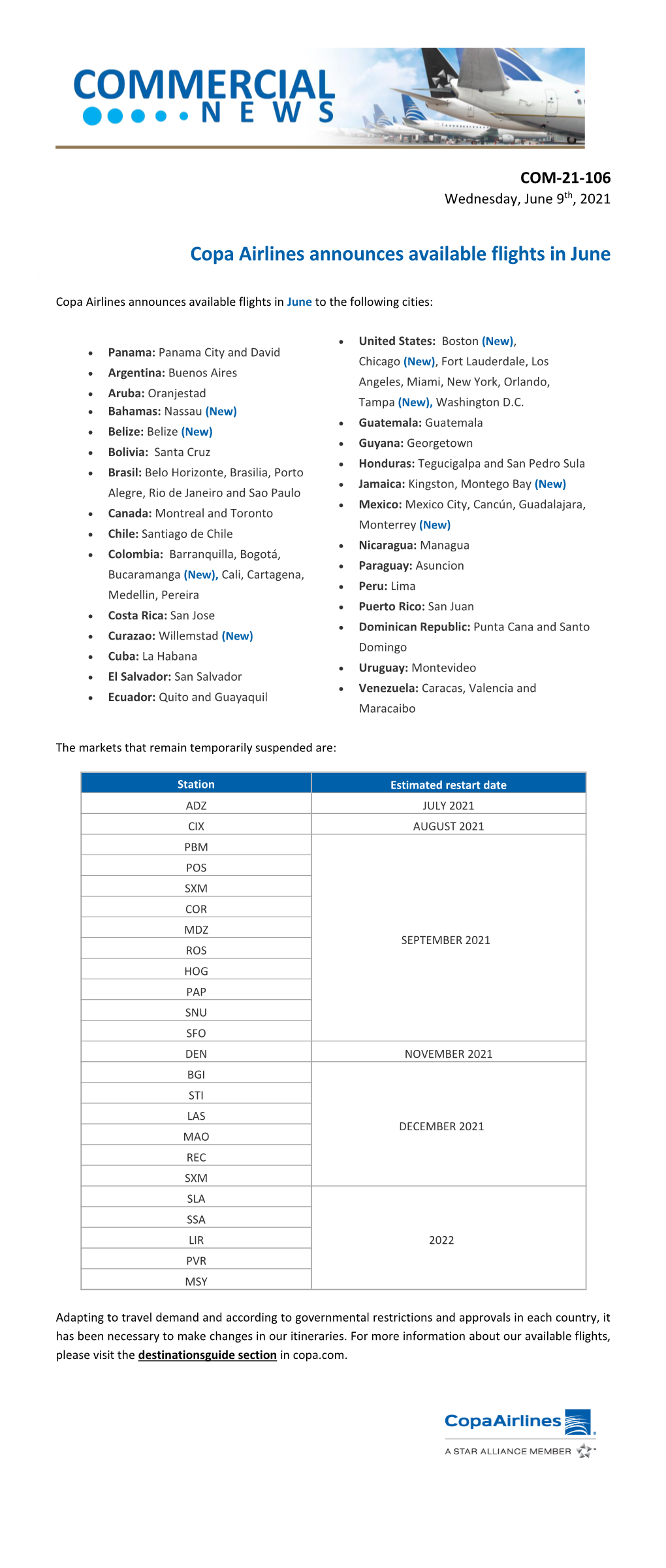 Copa Airlines Announces Available Flights in June