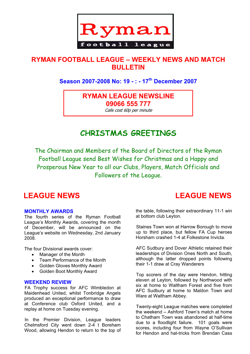 Ryman Football League – Weekly News and Match Bulletin