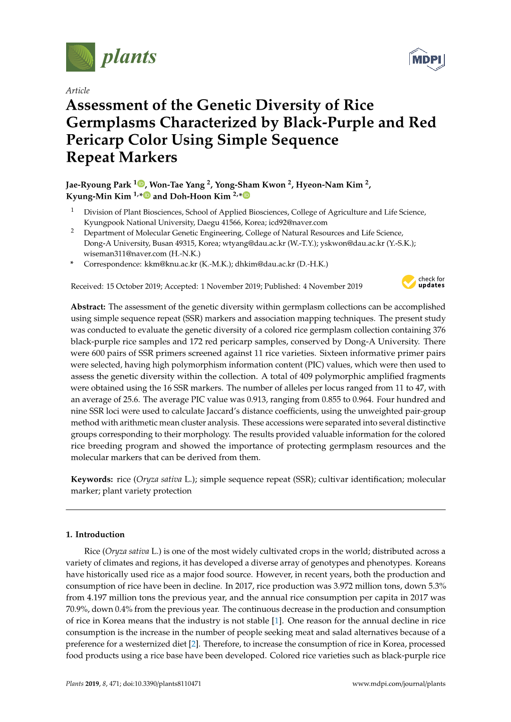 Assessment of the Genetic Diversity of Rice Germplasms Characterized by Black-Purple and Red Pericarp Color Using Simple Sequence Repeat Markers