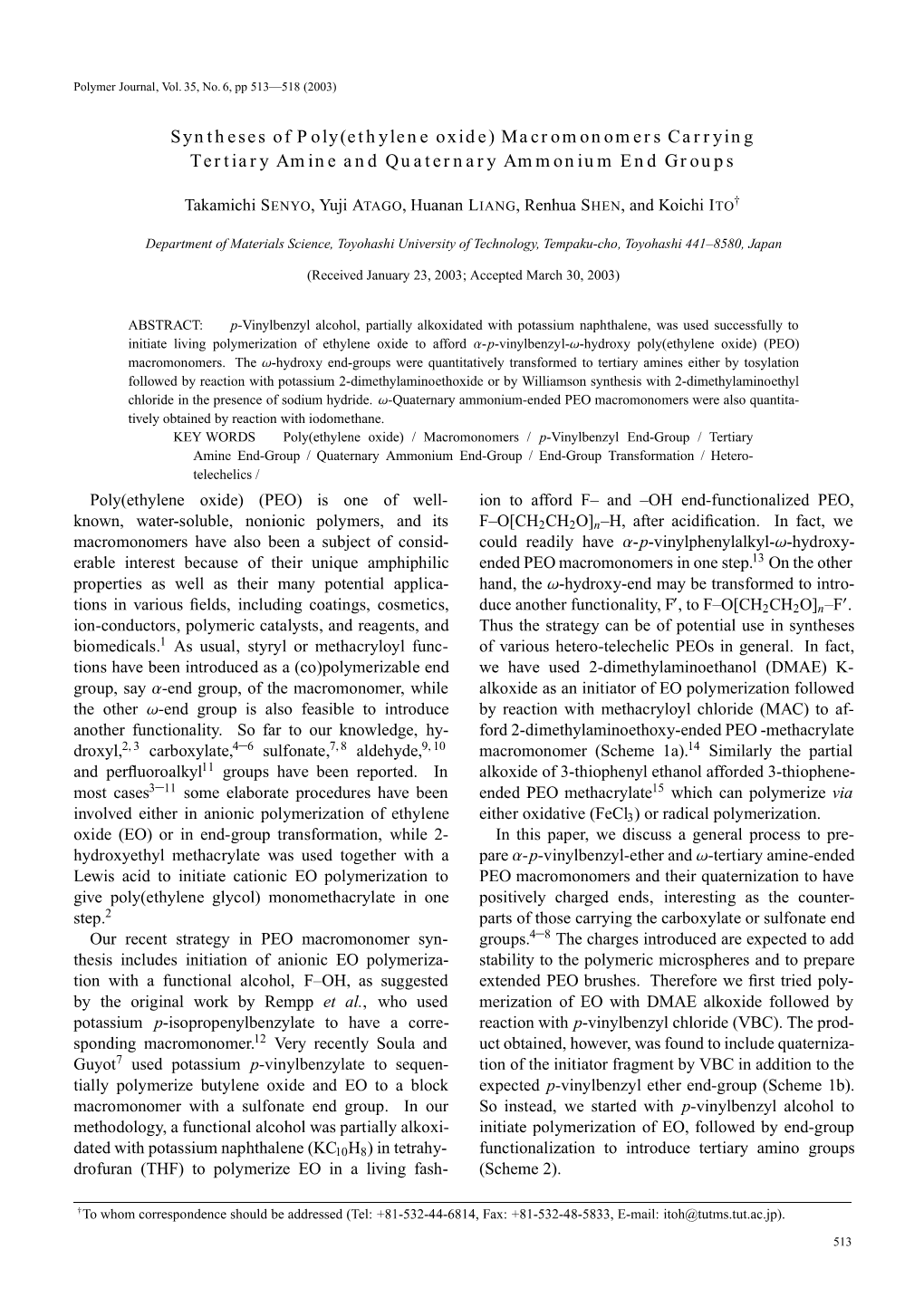 Syntheses of Poly(Ethylene Oxide) Macromonomers Carrying Tertiary Amine and Quaternary Ammonium End Groups