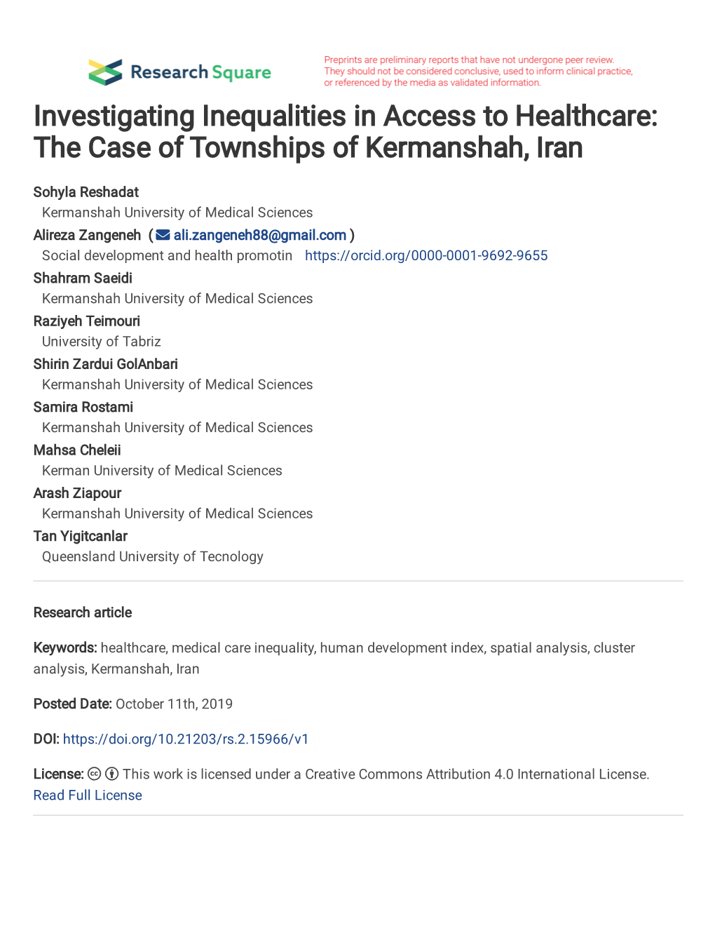 Investigating Inequalities in Access to Healthcare: the Case of Townships of Kermanshah, Iran