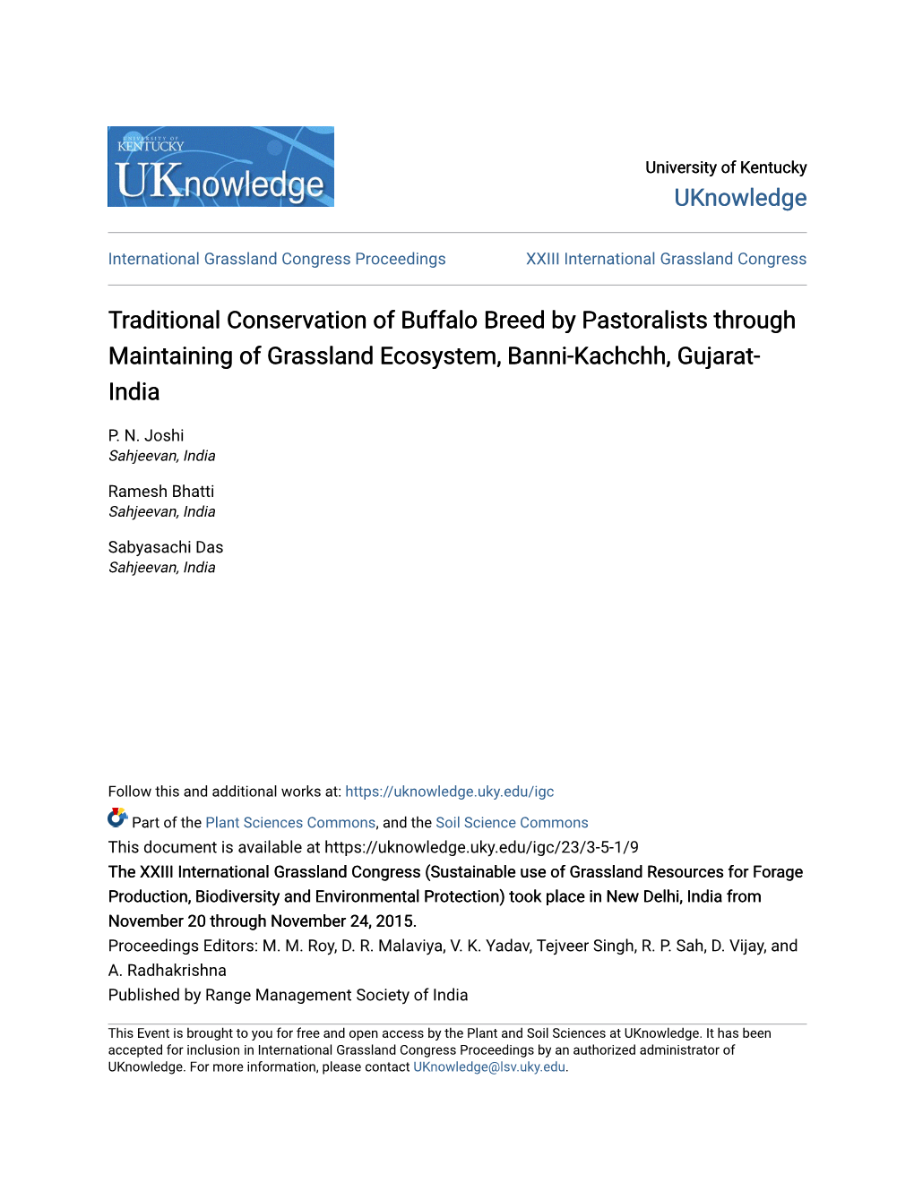 Traditional Conservation of Buffalo Breed by Pastoralists Through Maintaining of Grassland Ecosystem, Banni-Kachchh, Gujarat- India