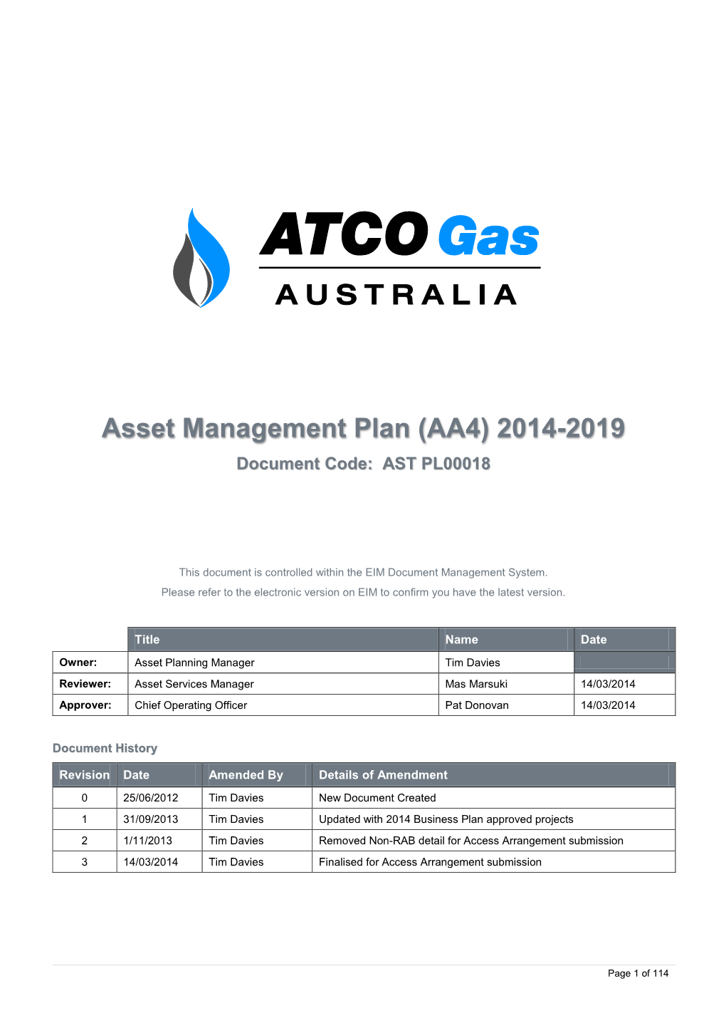 Asset Management Plan (AA4) 2014-2019 Document Code: AST PL00018