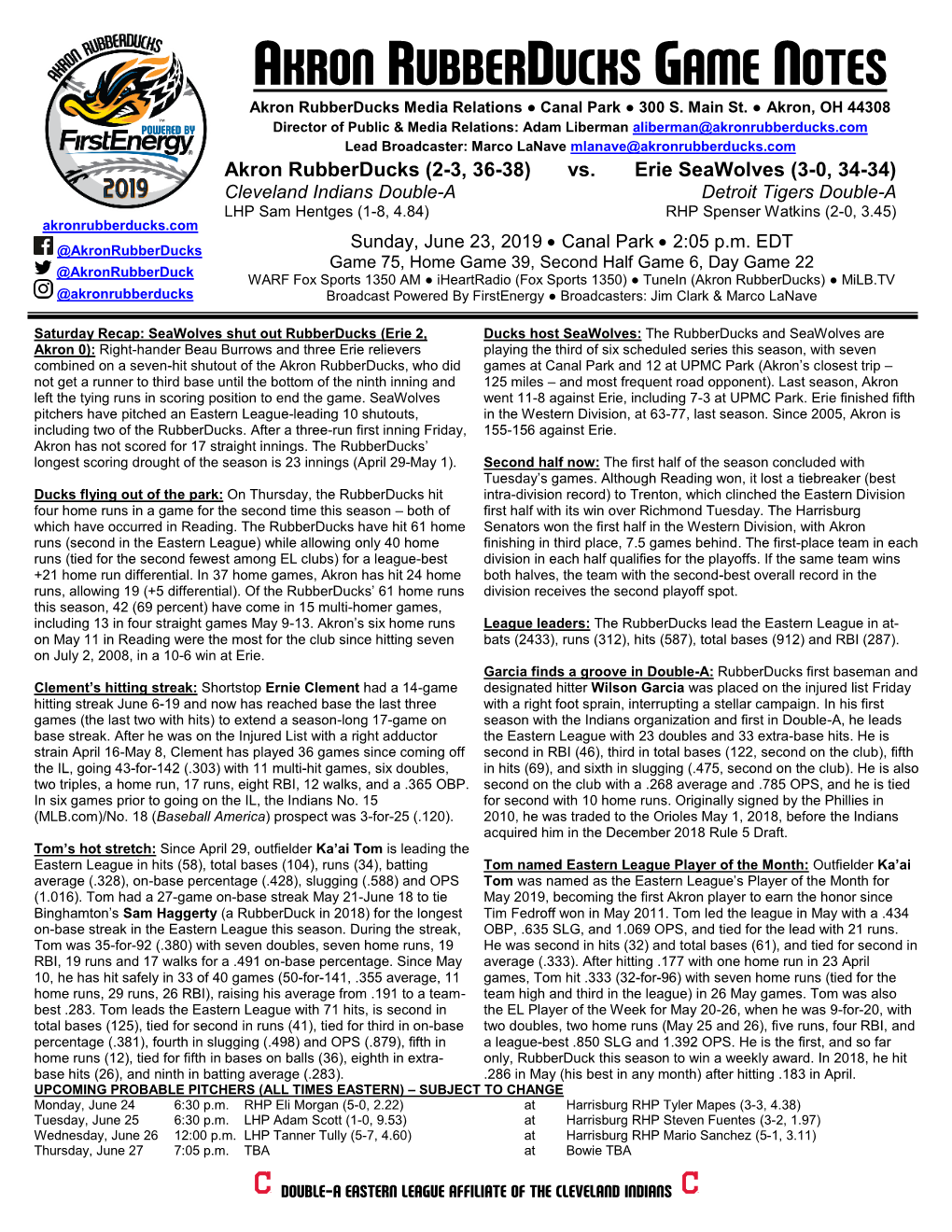 AKRON RUBBERDUCKS GAME NOTES Akron Rubberducks Media Relations ● Canal Park ● 300 S