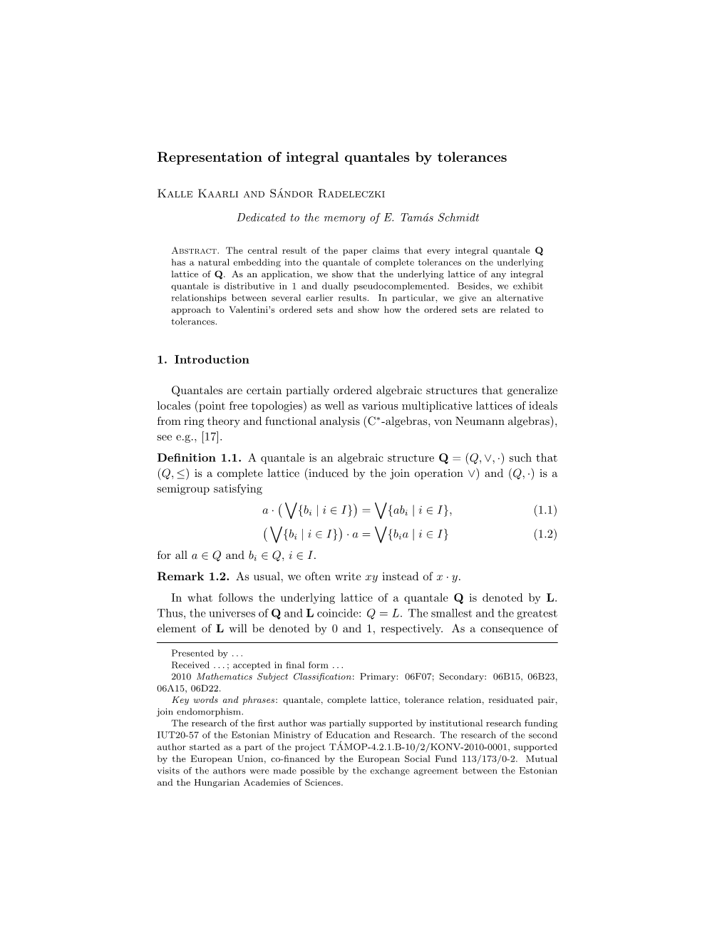 Representation of Integral Quantales by Tolerances