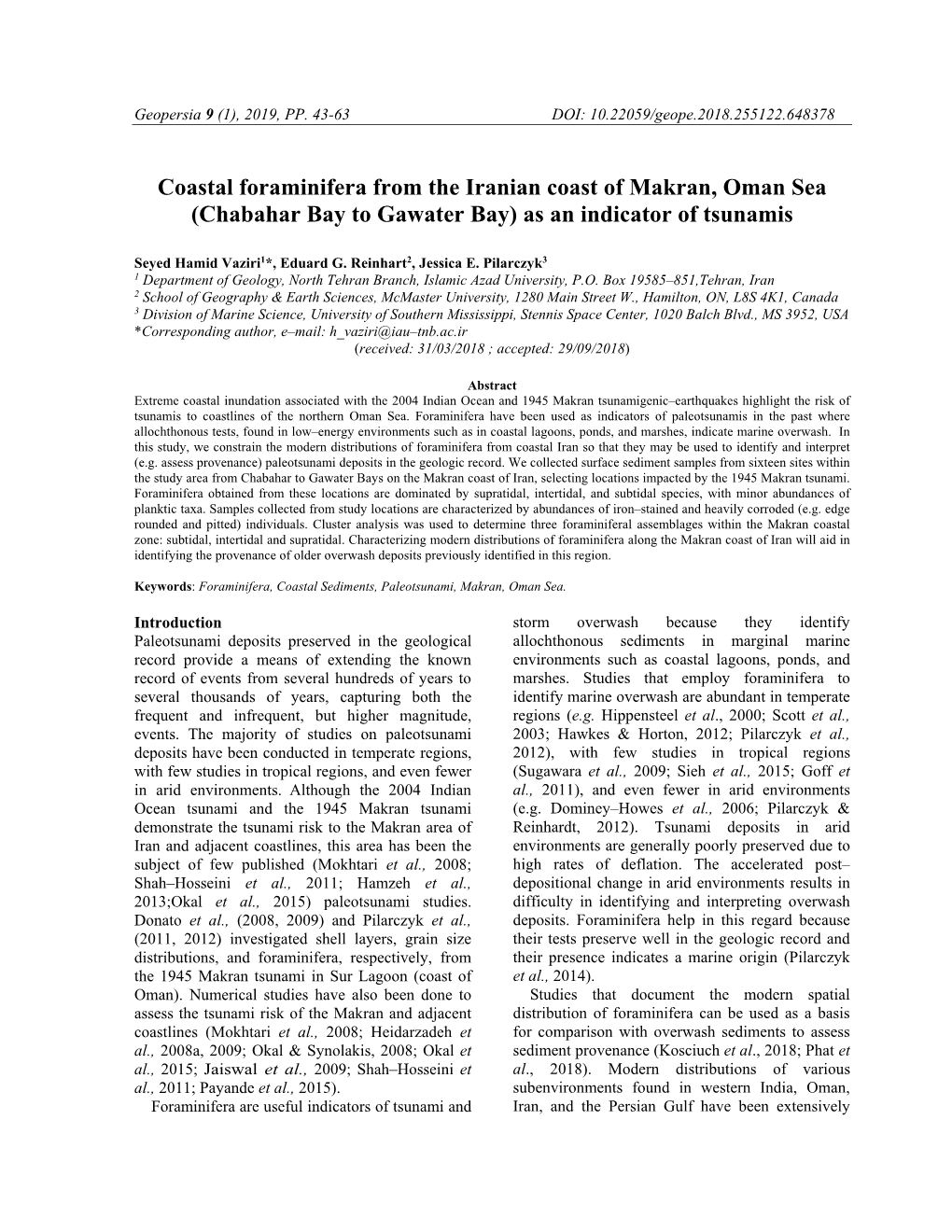 Coastal Foraminifera from the Iranian Coast of Makran, Oman Sea (Chabahar Bay to Gawater Bay) As an Indicator of Tsunamis