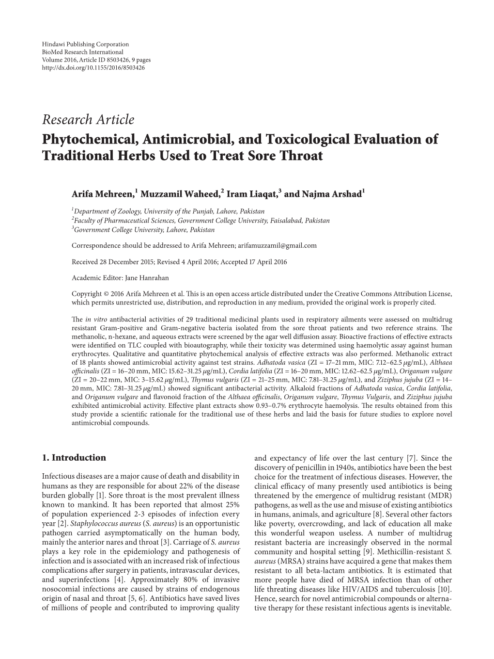 Phytochemical, Antimicrobial, and Toxicological Evaluation of Traditional Herbs Used to Treat Sore Throat