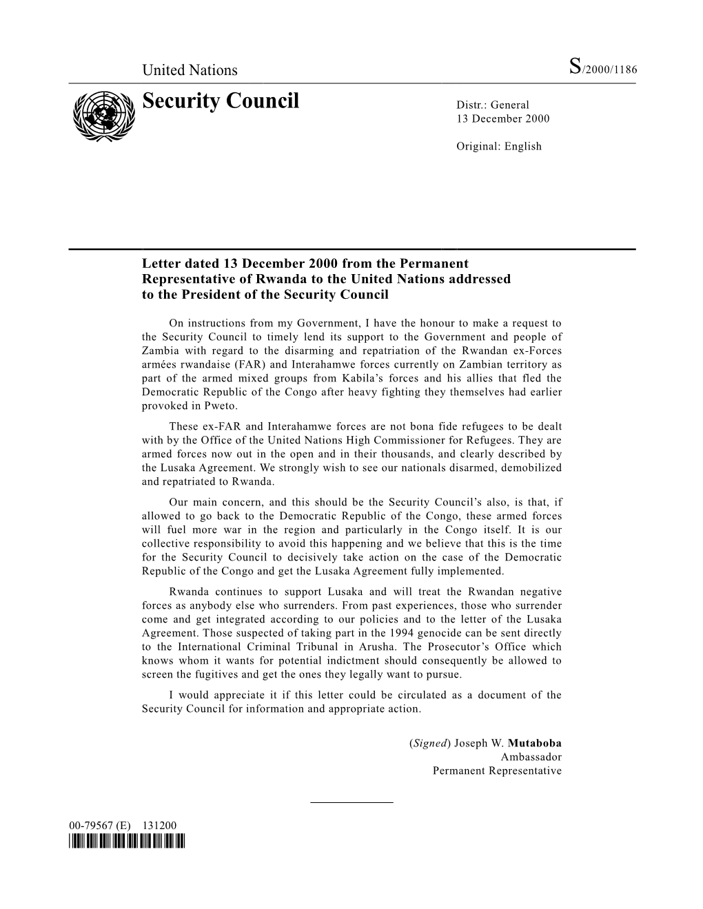 Security Council Distr.: General 13 December 2000
