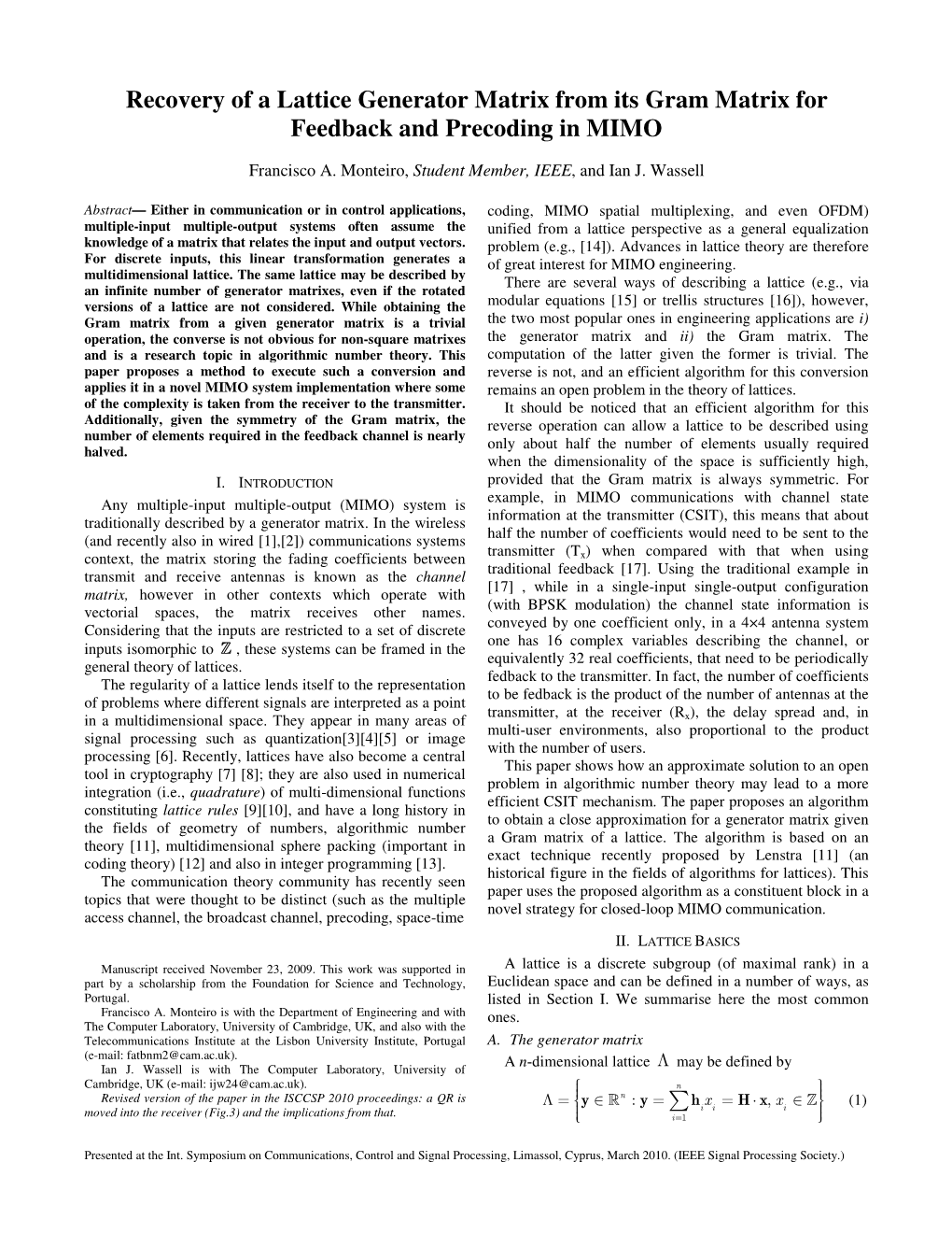 Recovery of a Lattice Generator Matrix from Its Gram Matrix for Feedback and Precoding in MIMO