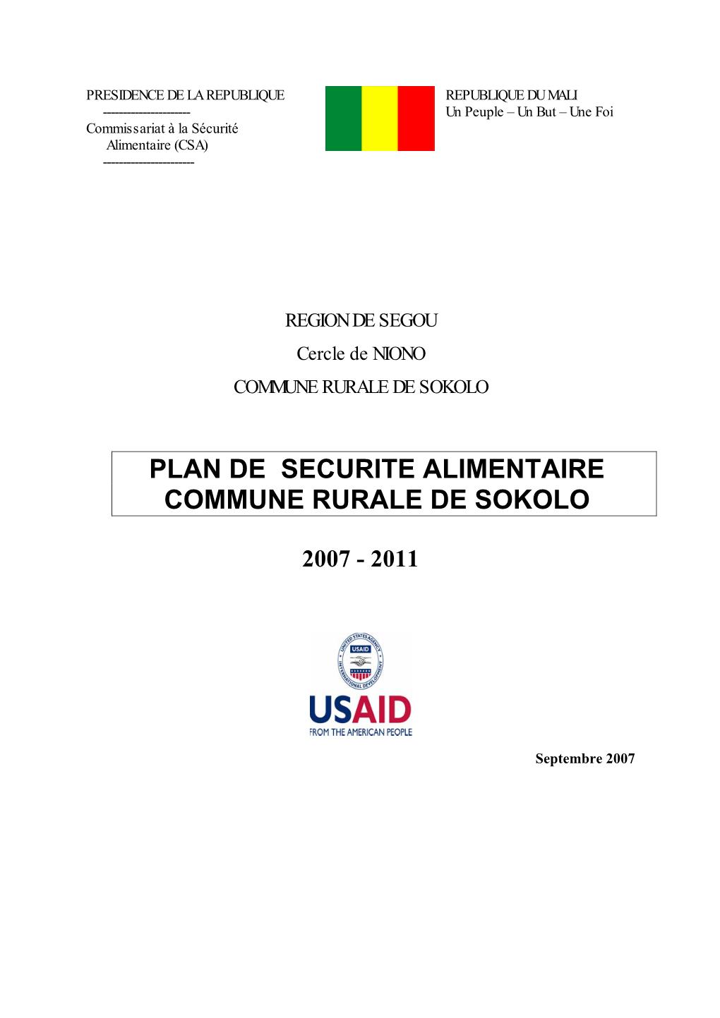 Plan De Securite Alimentaire Commune Rurale De Sokolo