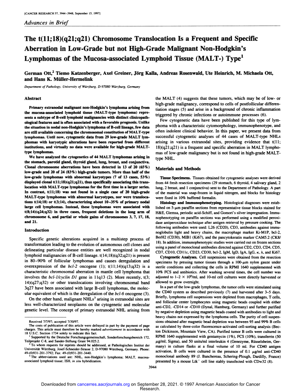 The T(11;18)(Q21;Q21) Chromosome Translocation Is a Frequent And