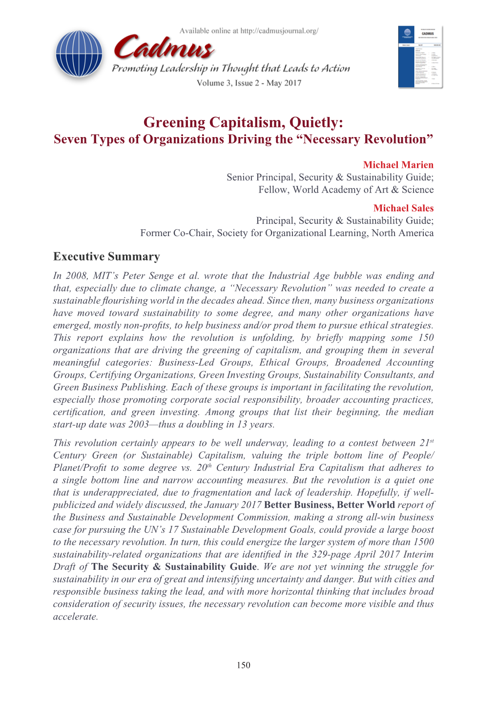 Greening Capitalism, Quietly: Seven Types of Organizations Driving the “Necessary Revolution”