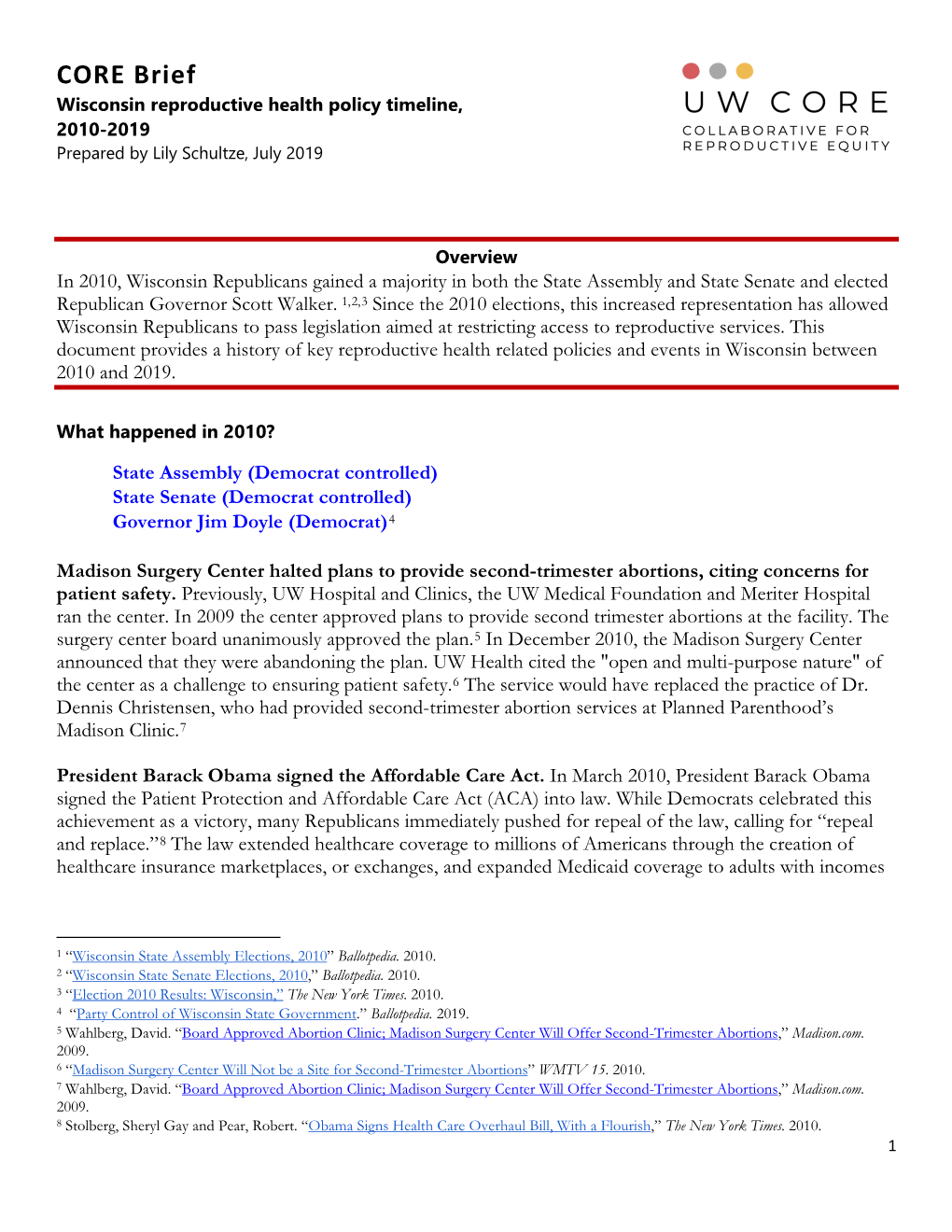 Wisconsin Reproductive Health Policy Timeline, 2010-2019 (Narrative)