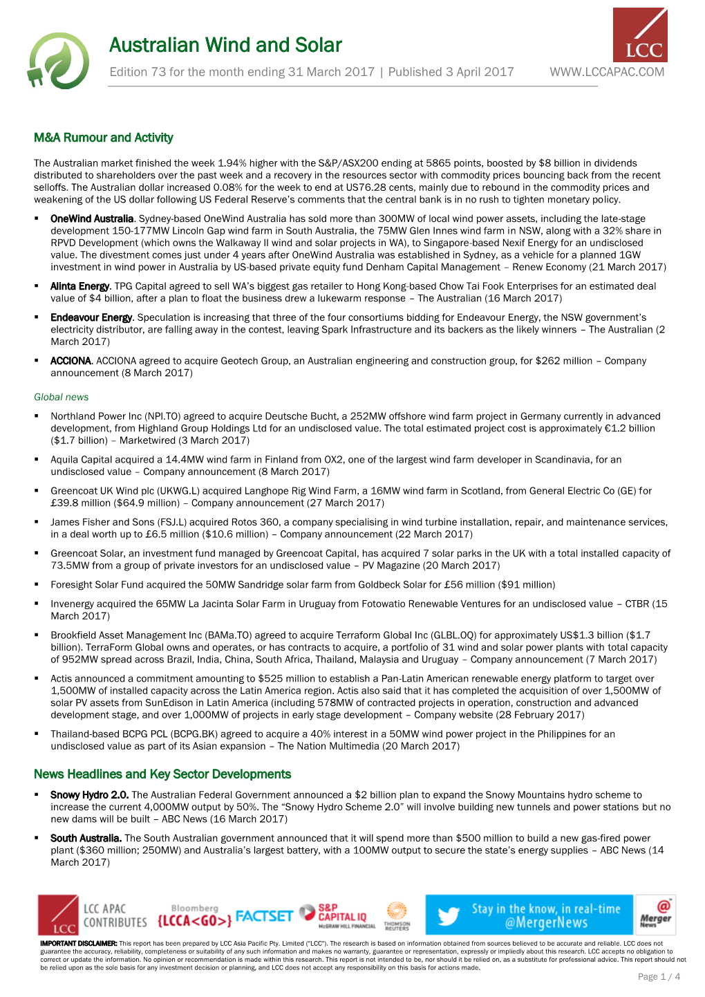 Australian Wind and Solar Edition 73 for the Month Ending 31 March 2017 | Published 3 April 2017