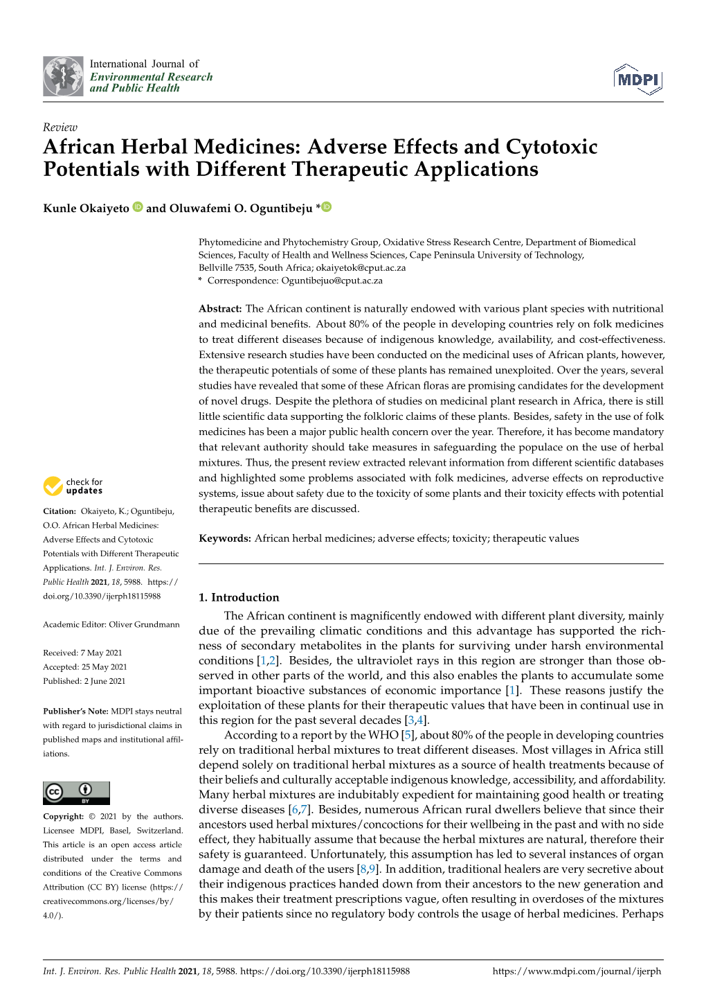 African Herbal Medicines: Adverse Effects and Cytotoxic Potentials with Different Therapeutic Applications