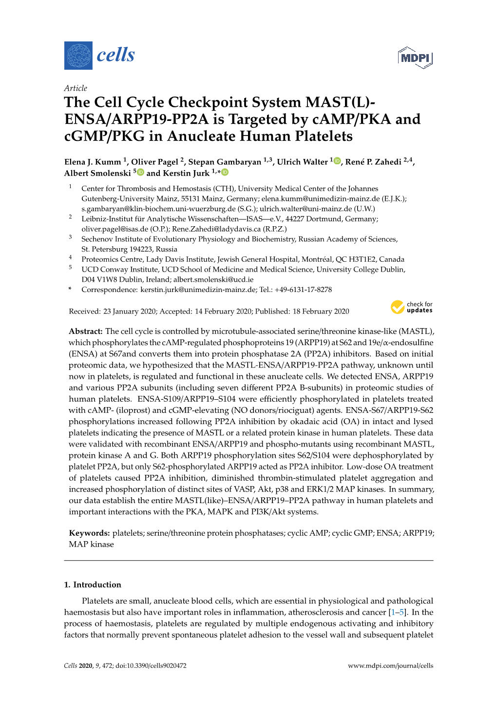 ENSA/ARPP19-PP2A Is Targeted by Camp/PKA and Cgmp/PKG in Anucleate Human Platelets