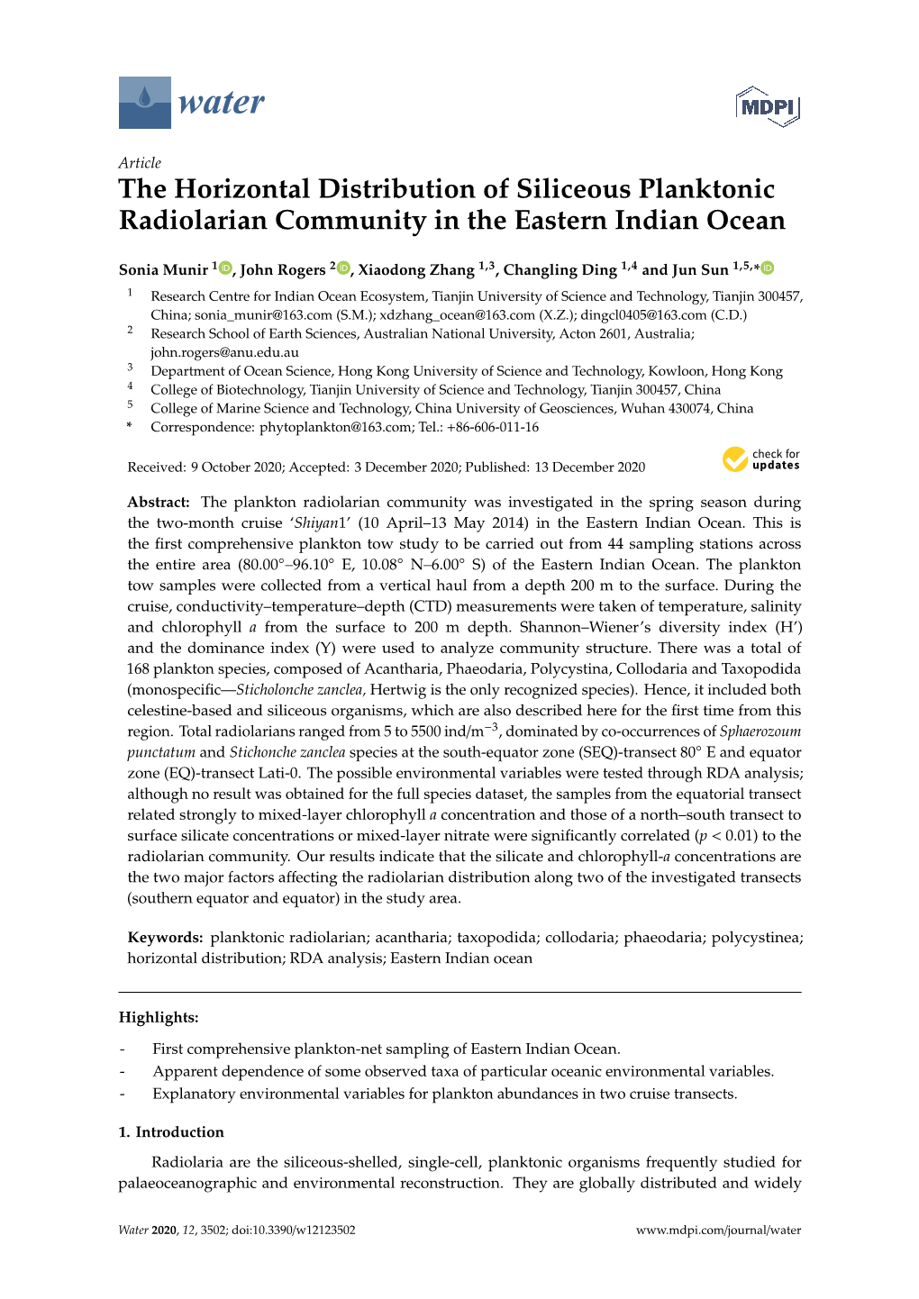 The Horizontal Distribution of Siliceous Planktonic Radiolarian Community in the Eastern Indian Ocean