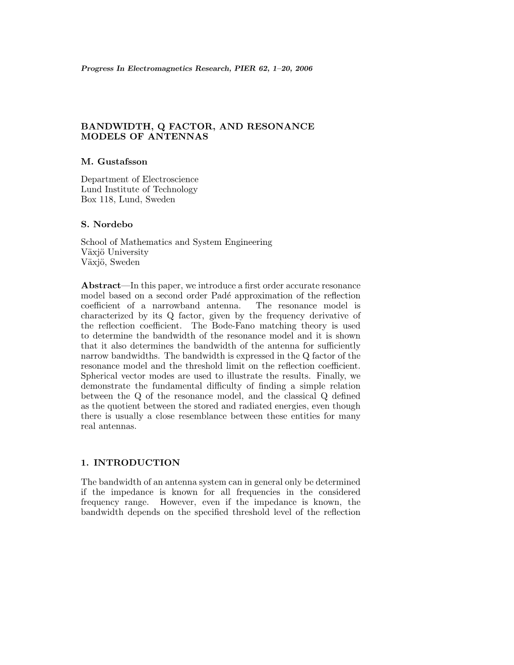 Bandwidth, Q Factor, and Resonance Models of Antennas