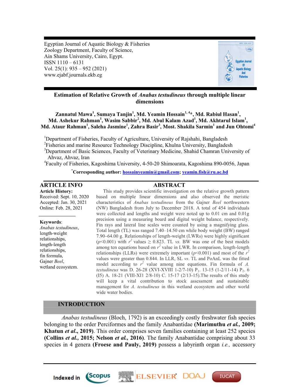 Estimation of Relative Growth of Anabas Testudineus Through Multiple Linear Dimensions