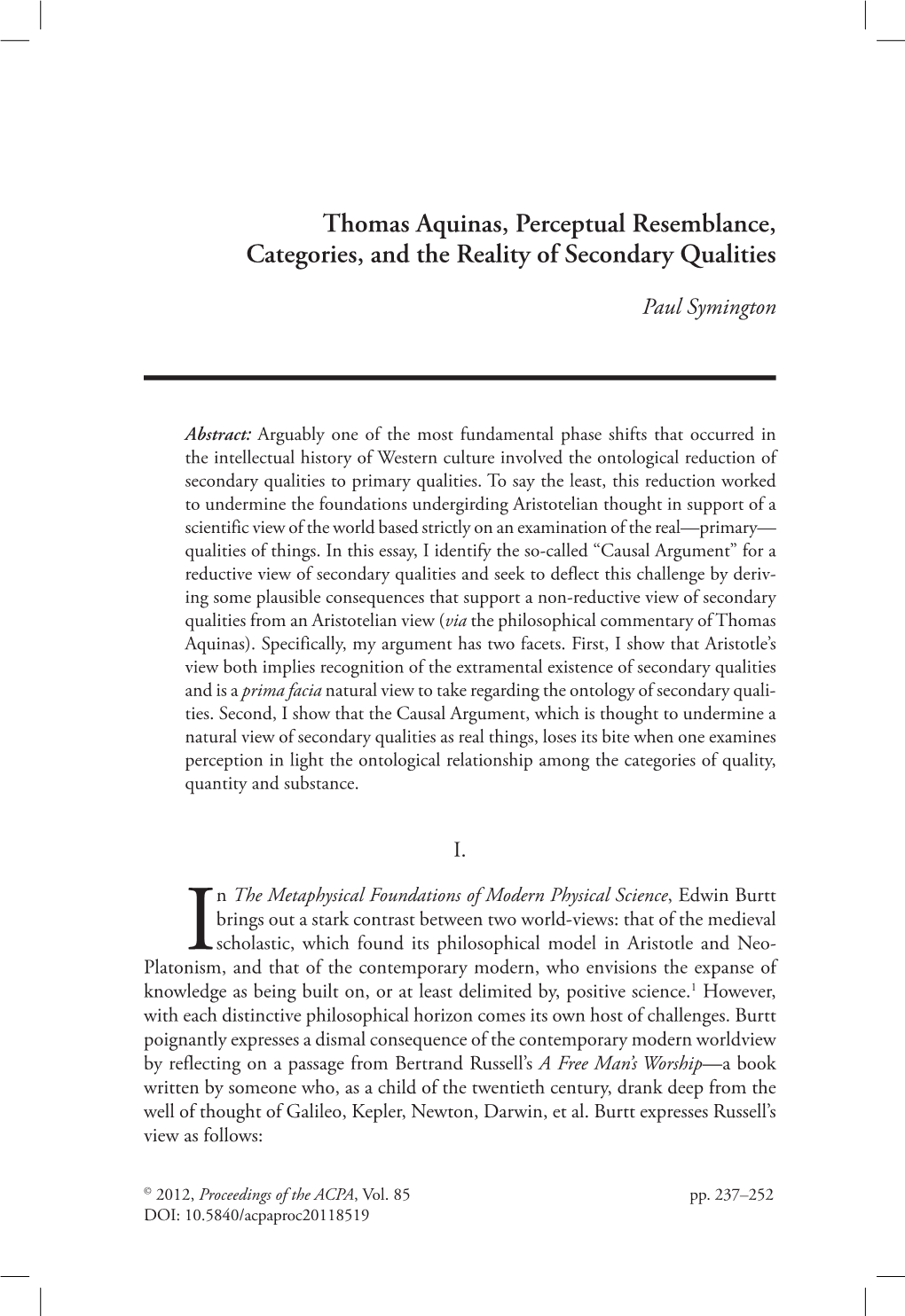 Thomas Aquinas, Perceptual Resemblance, Categories, and the Reality of Secondary Qualities