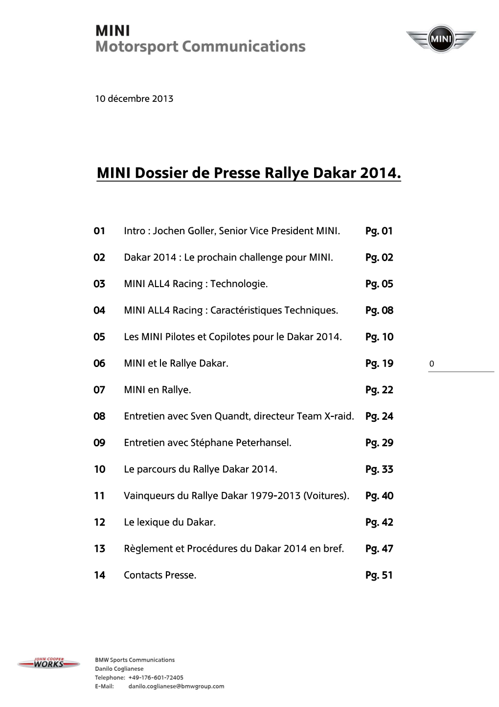 MINI Dossier De Presse Rallye Dakar 2014