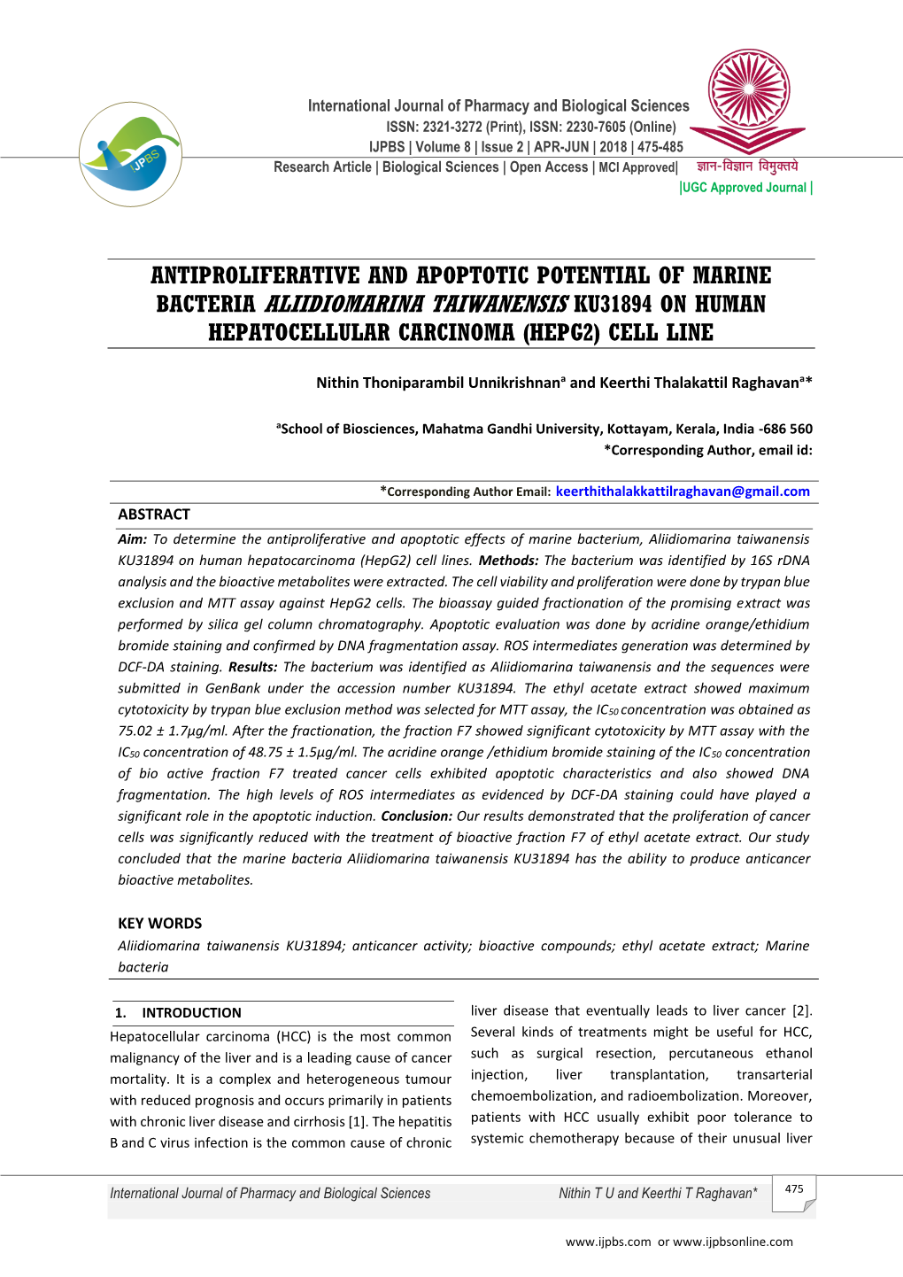 Bacteria Aliidiomarina Taiwanensis Ku31894 on Human Hepatocellular Carcinoma (Hepg2) Cell Line