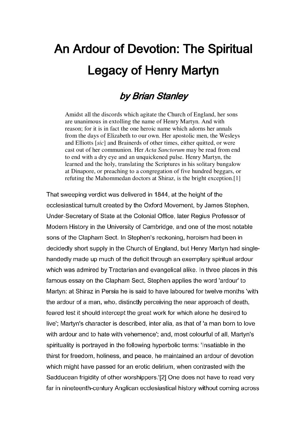 An Ardour of Devotion: the Spiritual Legacy of Henry Martyn Legacy Of